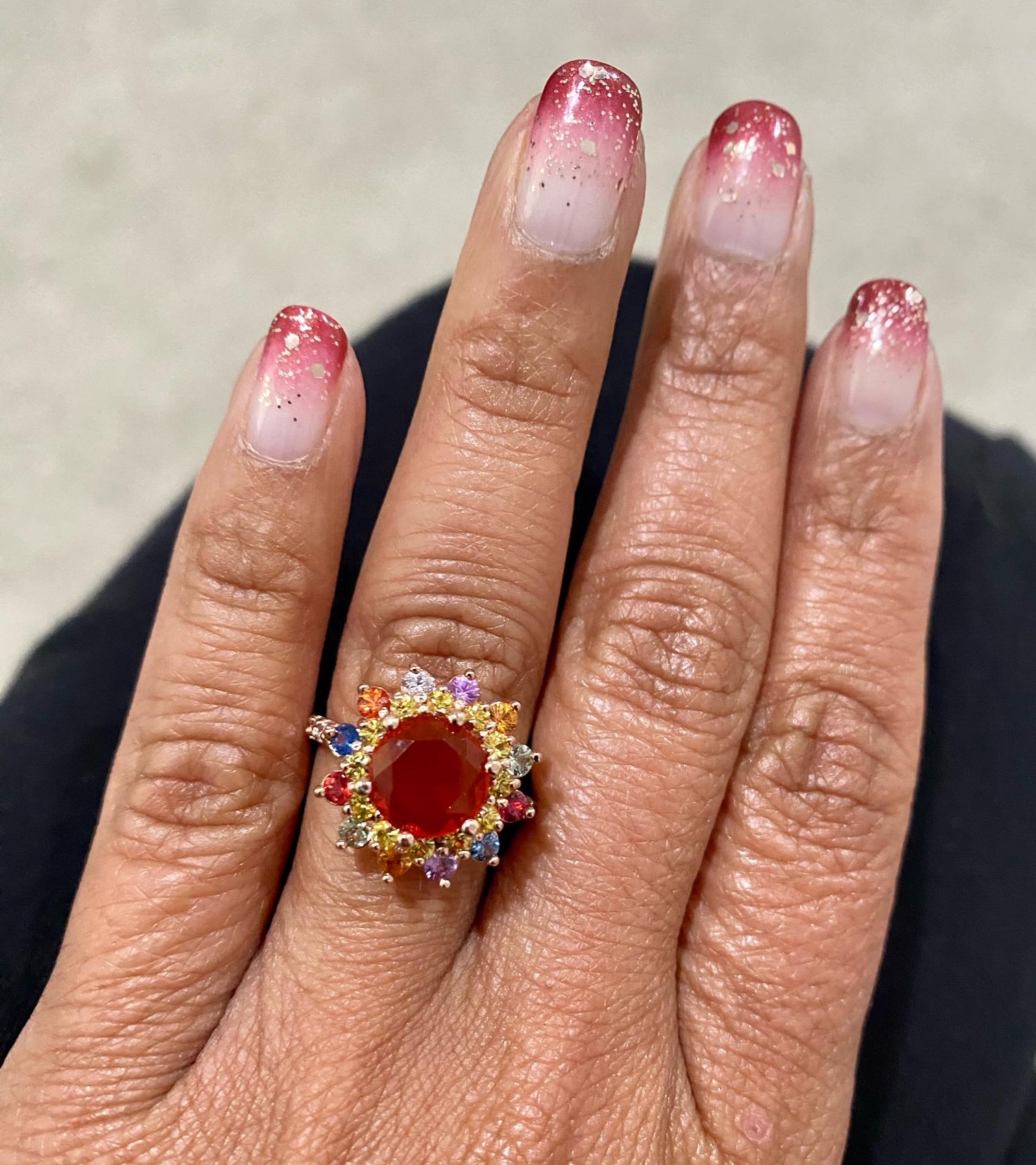 2,62 Karat Natürlicher Feuer Opal Saphir Diamant Rose Gold Cocktail Ring Damen im Angebot