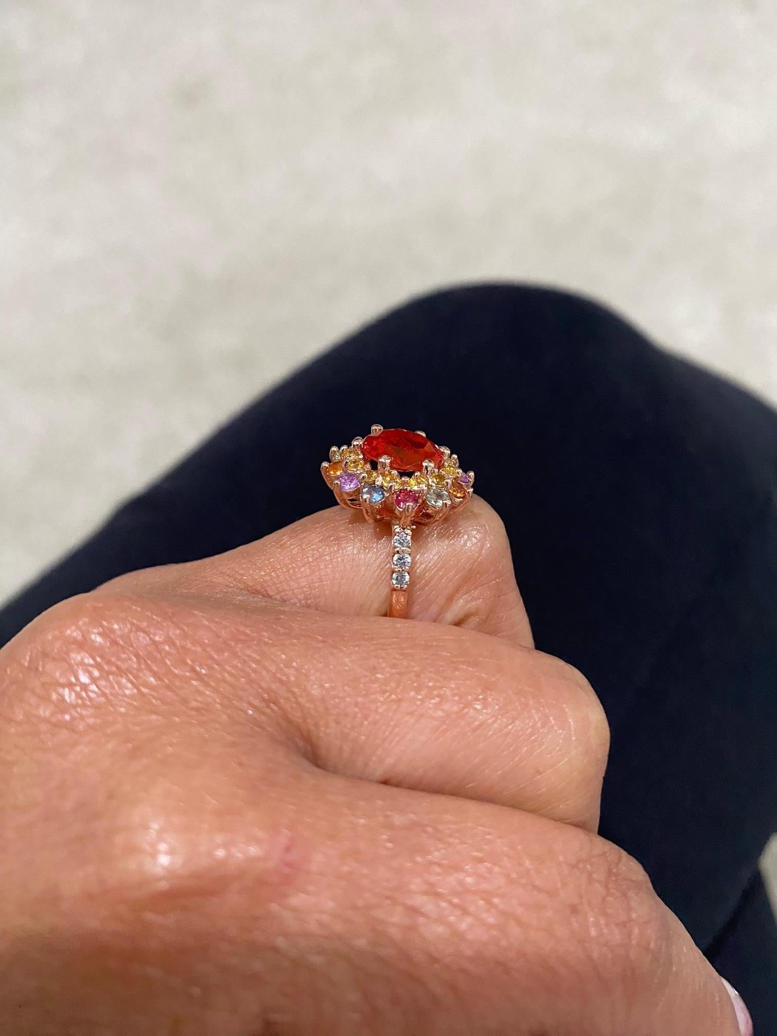 2.62 Carat Natural Fire Opal Sapphire Diamond Rose Gold Cocktail Ring In New Condition For Sale In Los Angeles, CA