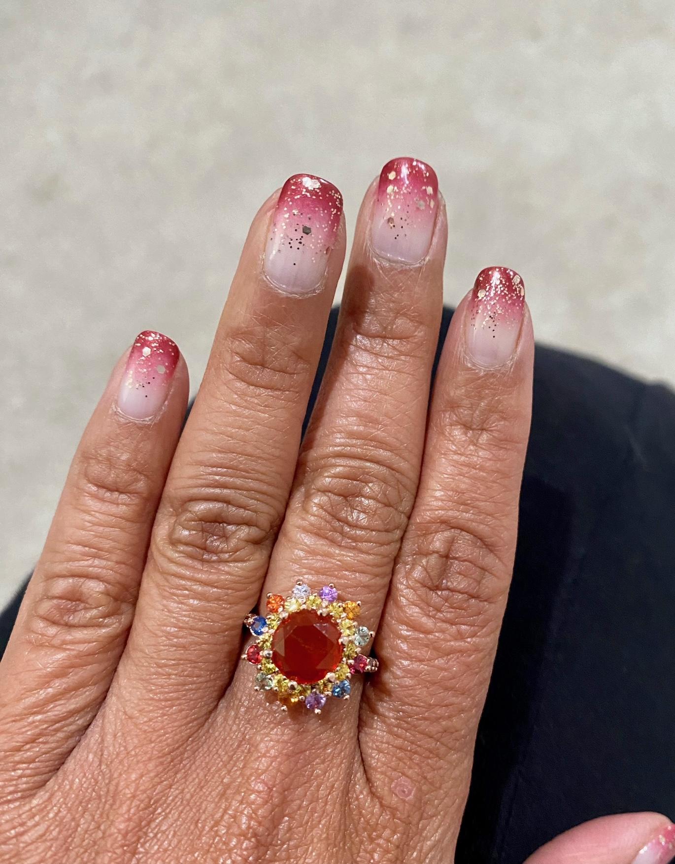 2,62 Karat Natürlicher Feuer Opal Saphir Diamant Rose Gold Cocktail Ring im Angebot 2