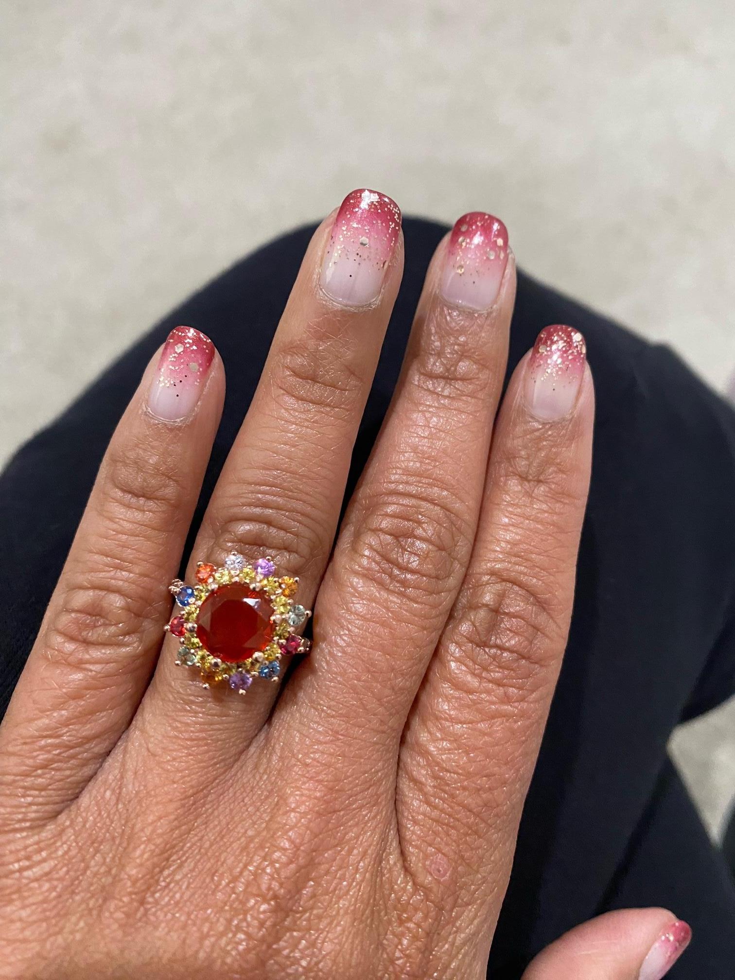 2.62 Carat Natural Fire Opal Sapphire Diamond Rose Gold Cocktail Ring For Sale 1