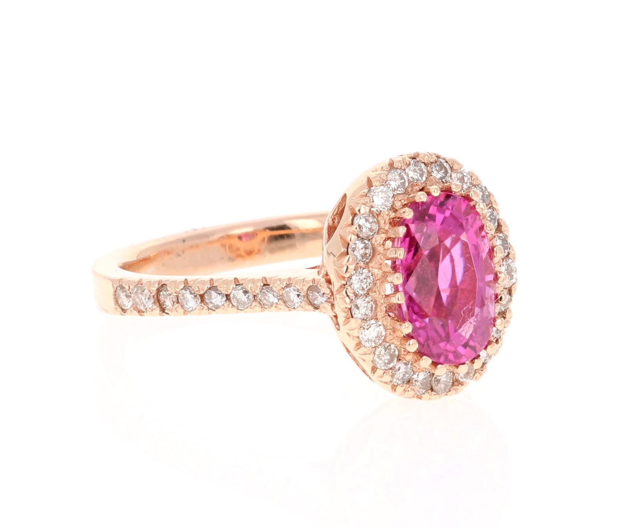 Wow! Beautiful and Blazing - Hot Pink Tourmaline Diamond Ring!

This ring has an Oval Cut Hot Pink Tourmaline that weighs 2.08 Carats. Floating around the tourmaline are 38 Round Cut Diamonds weighing 0.54 Carats. The total carat weight of the ring
