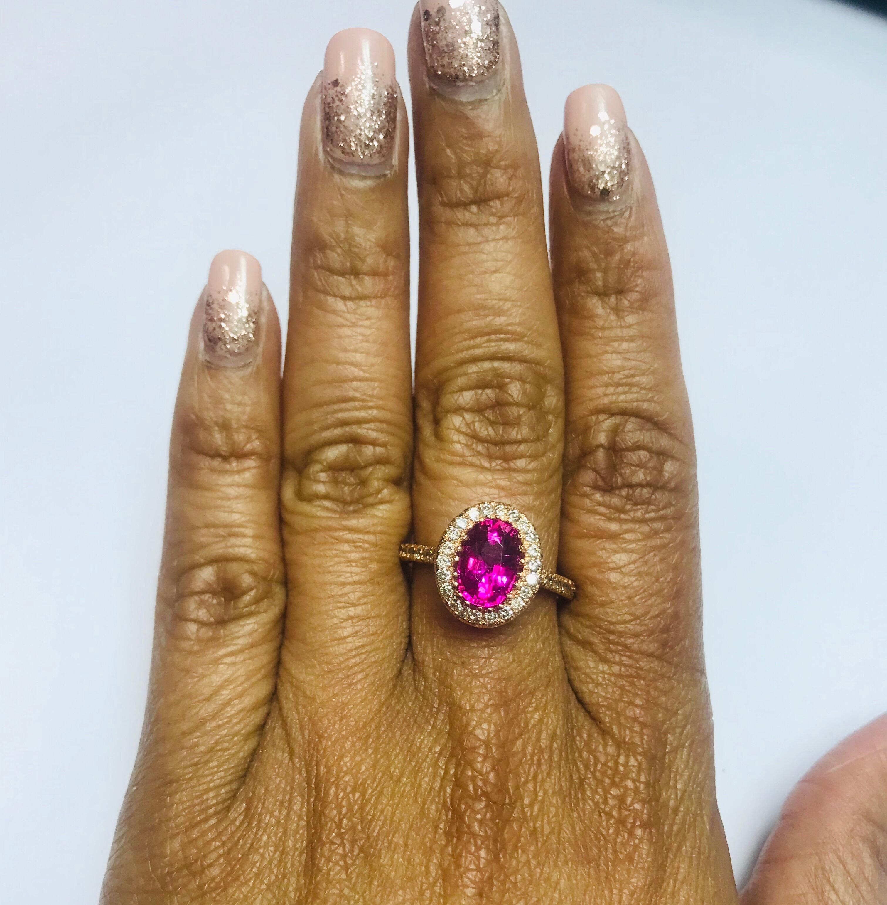 Modern 2.62 Carat Pink Tourmaline Diamond 14 Karat Rose Gold Engagement Ring For Sale