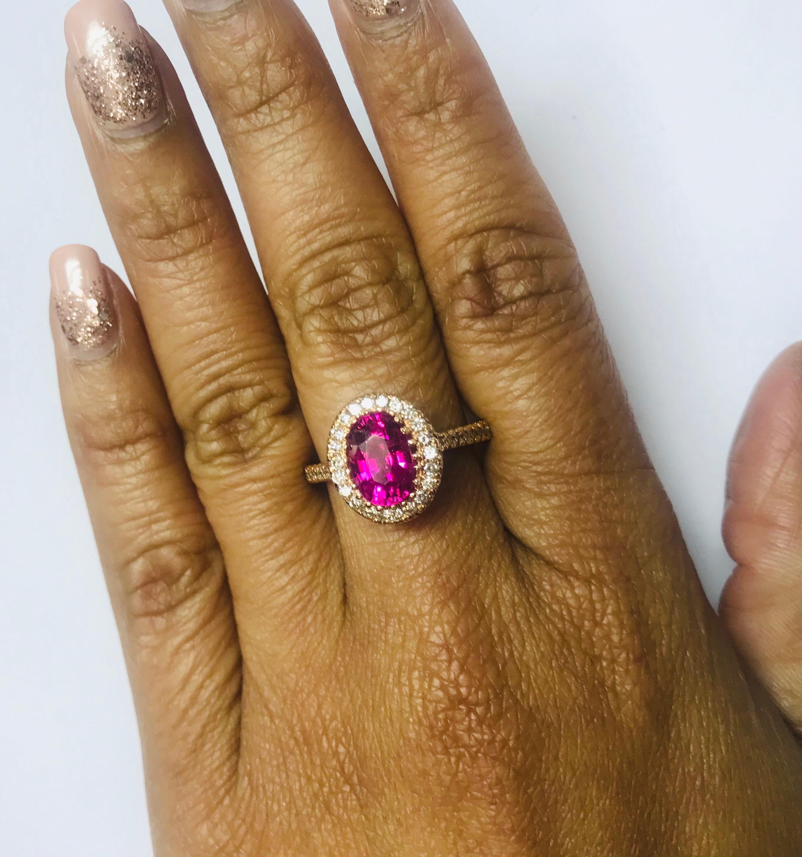 Oval Cut 2.62 Carat Pink Tourmaline Diamond 14 Karat Rose Gold Engagement Ring For Sale