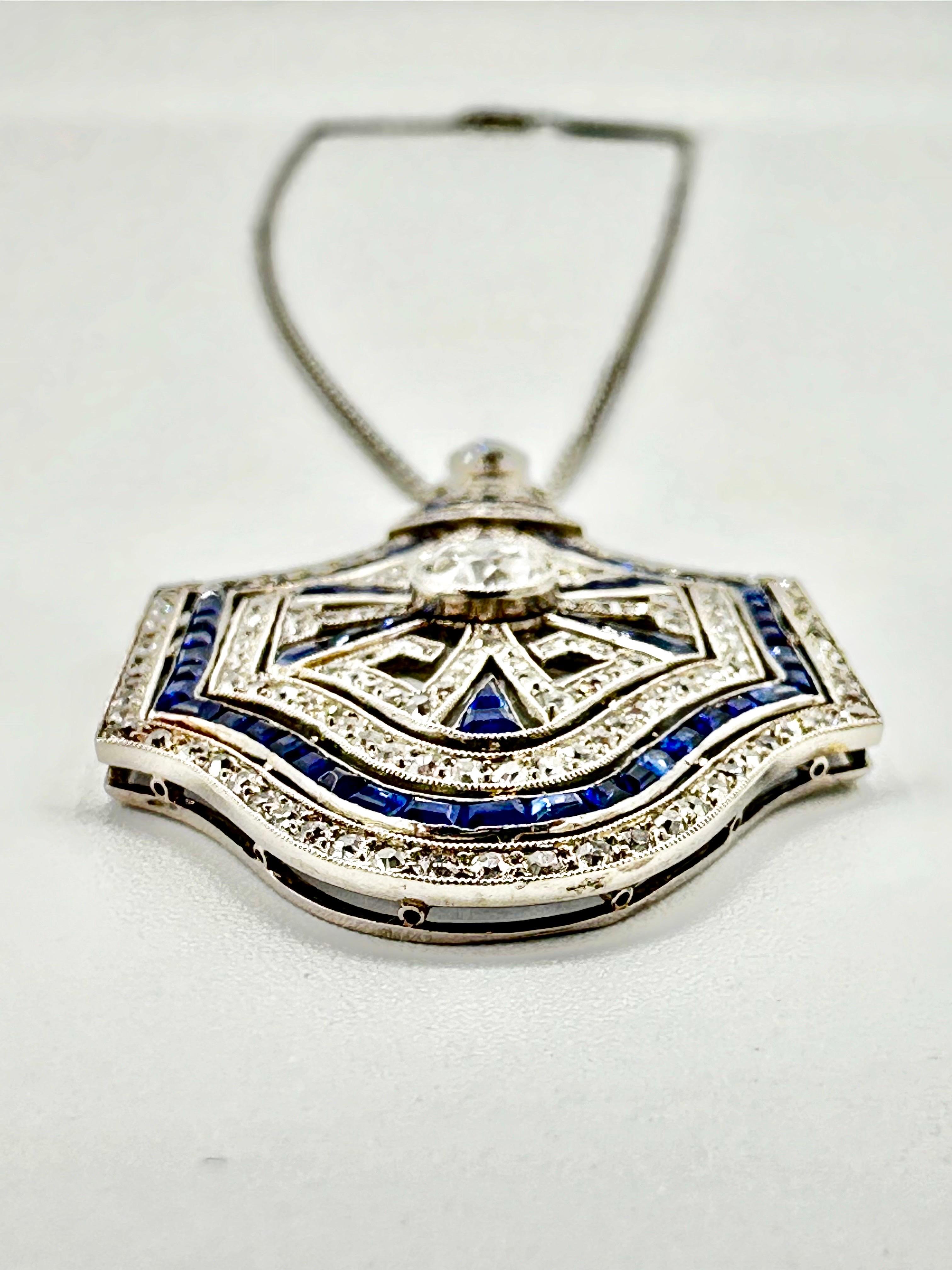 2.62 Carats Diamond and Sapphire Art Deco Platinum Pendant Necklace In Excellent Condition In Chevy Chase, MD
