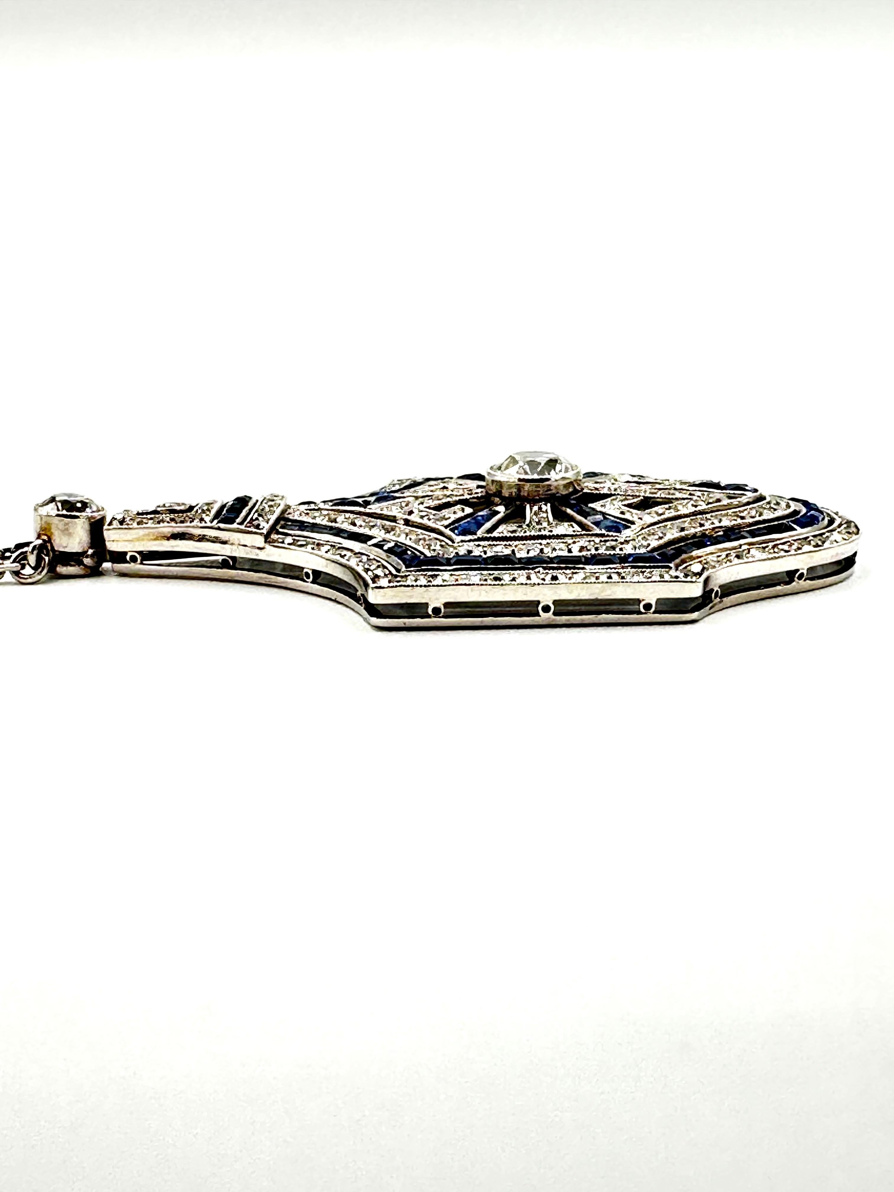 Women's or Men's 2.62 Carats Diamond and Sapphire Art Deco Platinum Pendant Necklace
