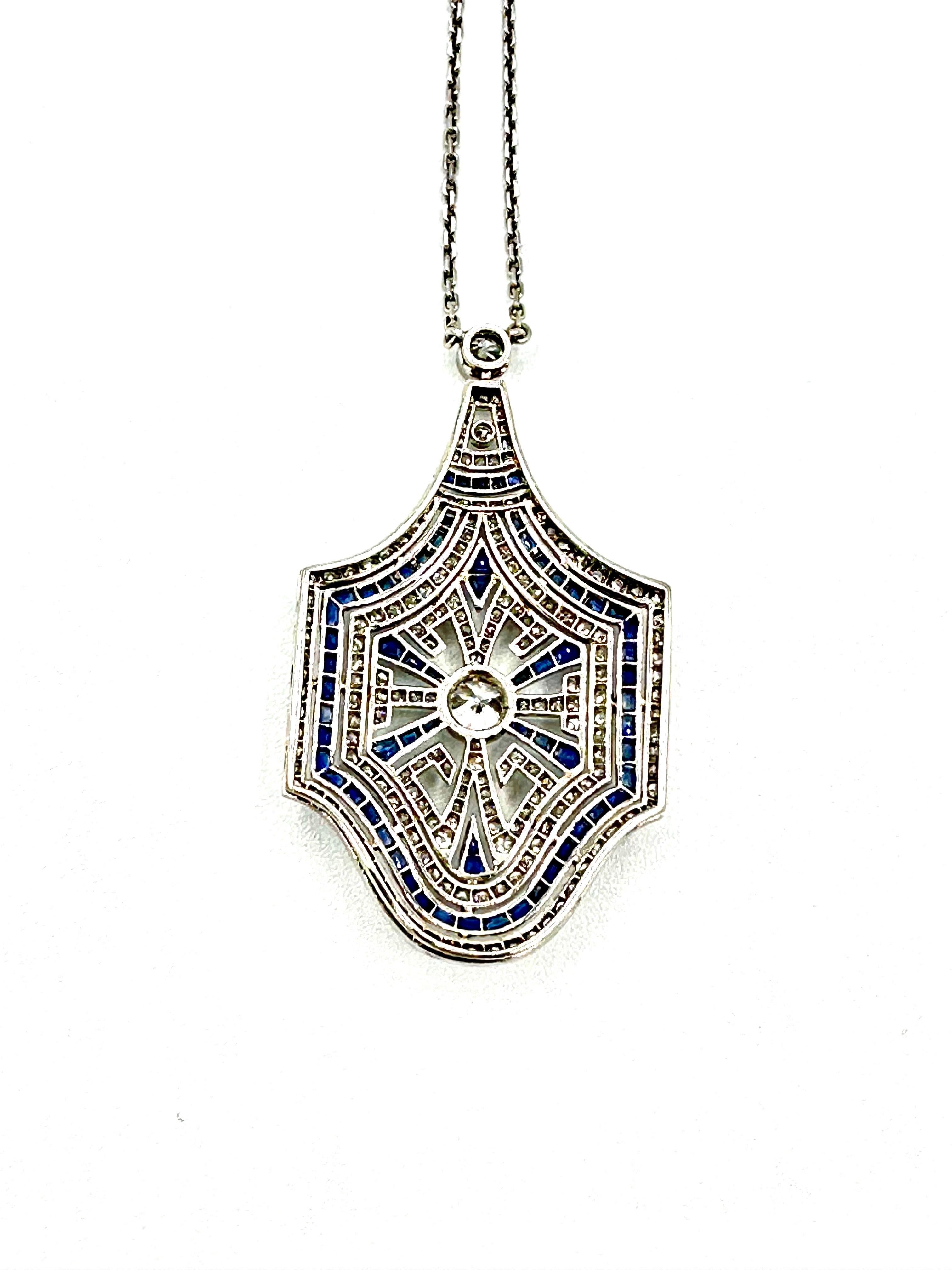 2.62 Carats Diamond and Sapphire Art Deco Platinum Pendant Necklace 1