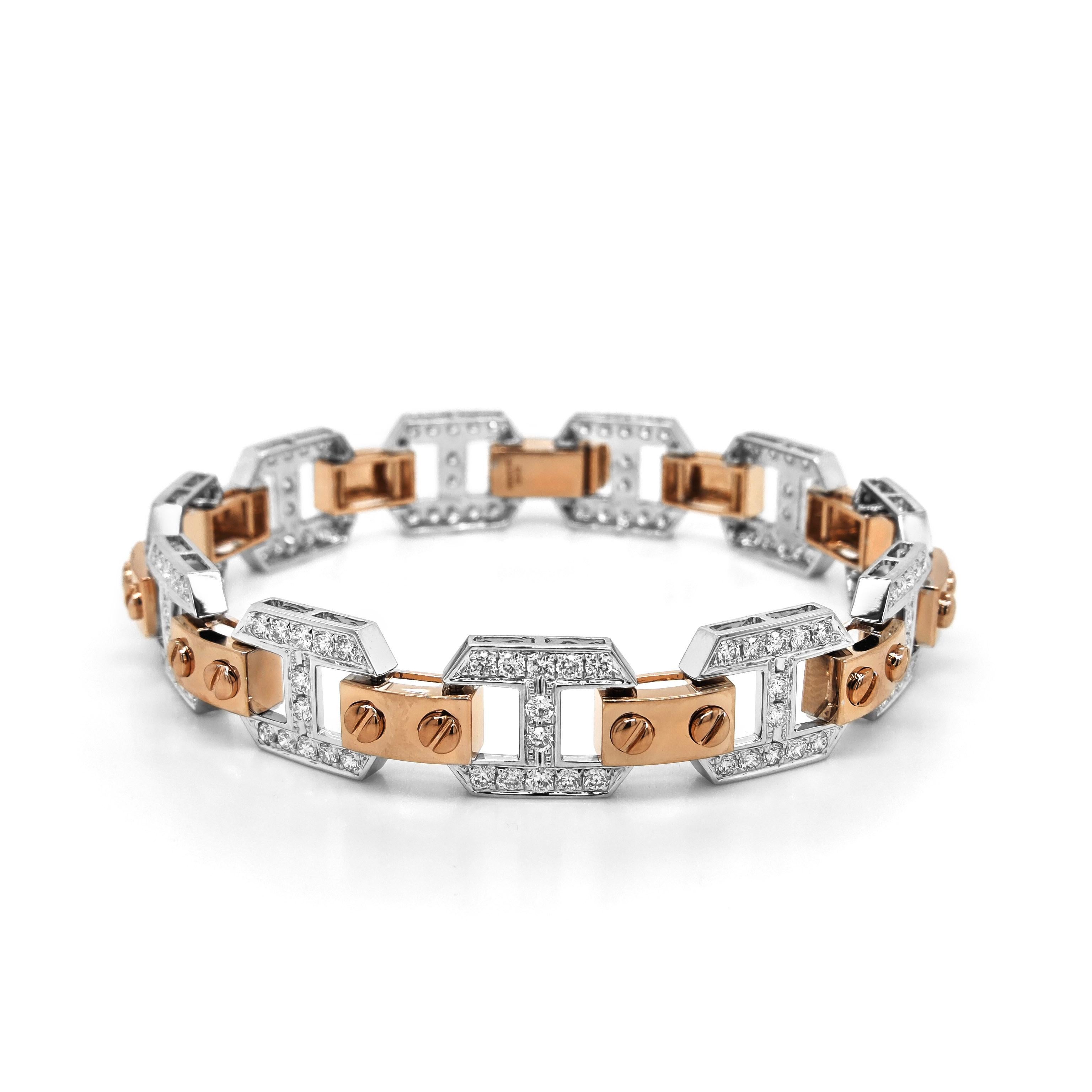 Round Cut 2.62 Carats White Diamond Rose and White Gold Bracelet For Sale