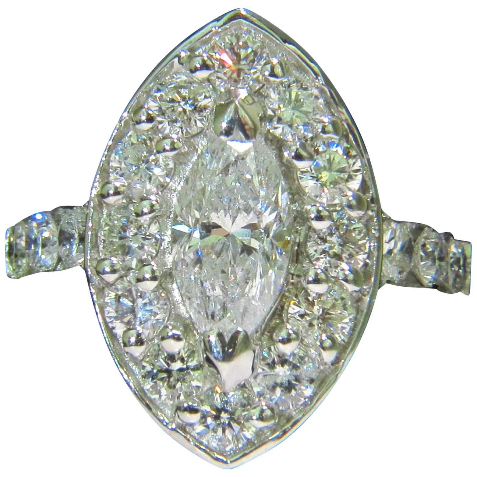 2.62 Diamonds Cluster Ring Marquise and Rounds 14 Karat Halo Deco