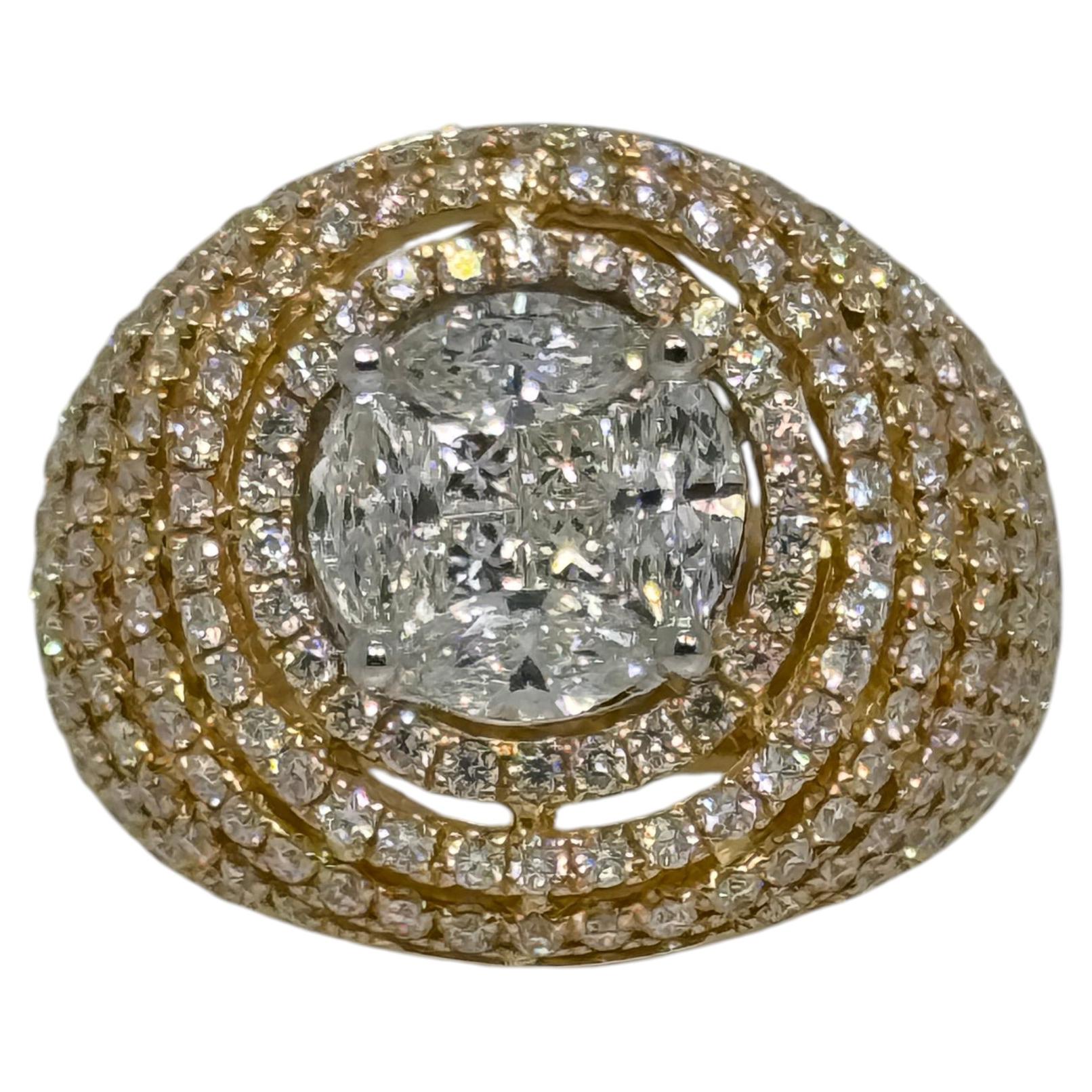 2.62 Natural Diamond Dome Ring 18K Yellow Gold Princess and Marquise Cluster For Sale