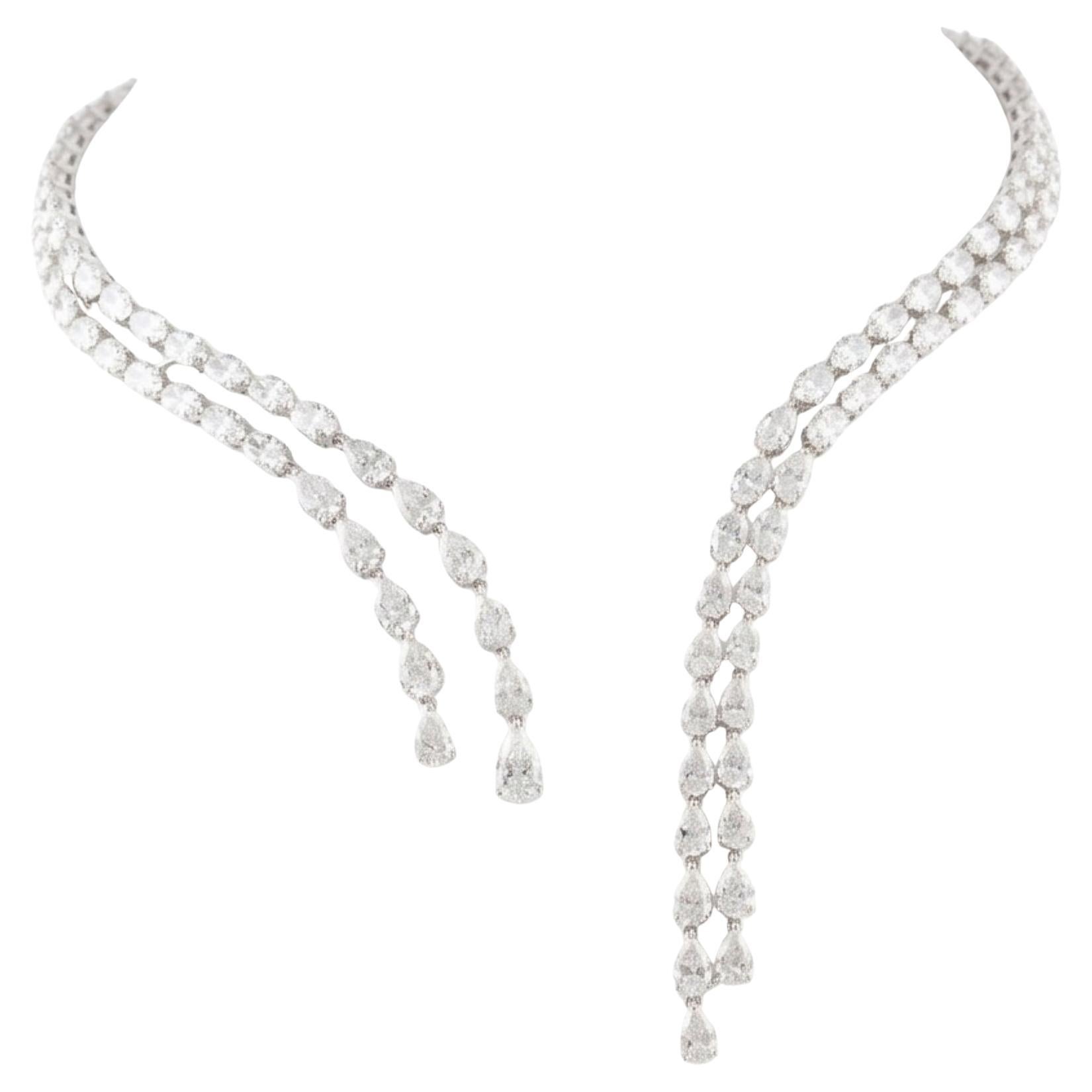 14K White Gold 26.21 Ct Natural Diamond Double Strand Multi-Drop Necklace Gift
