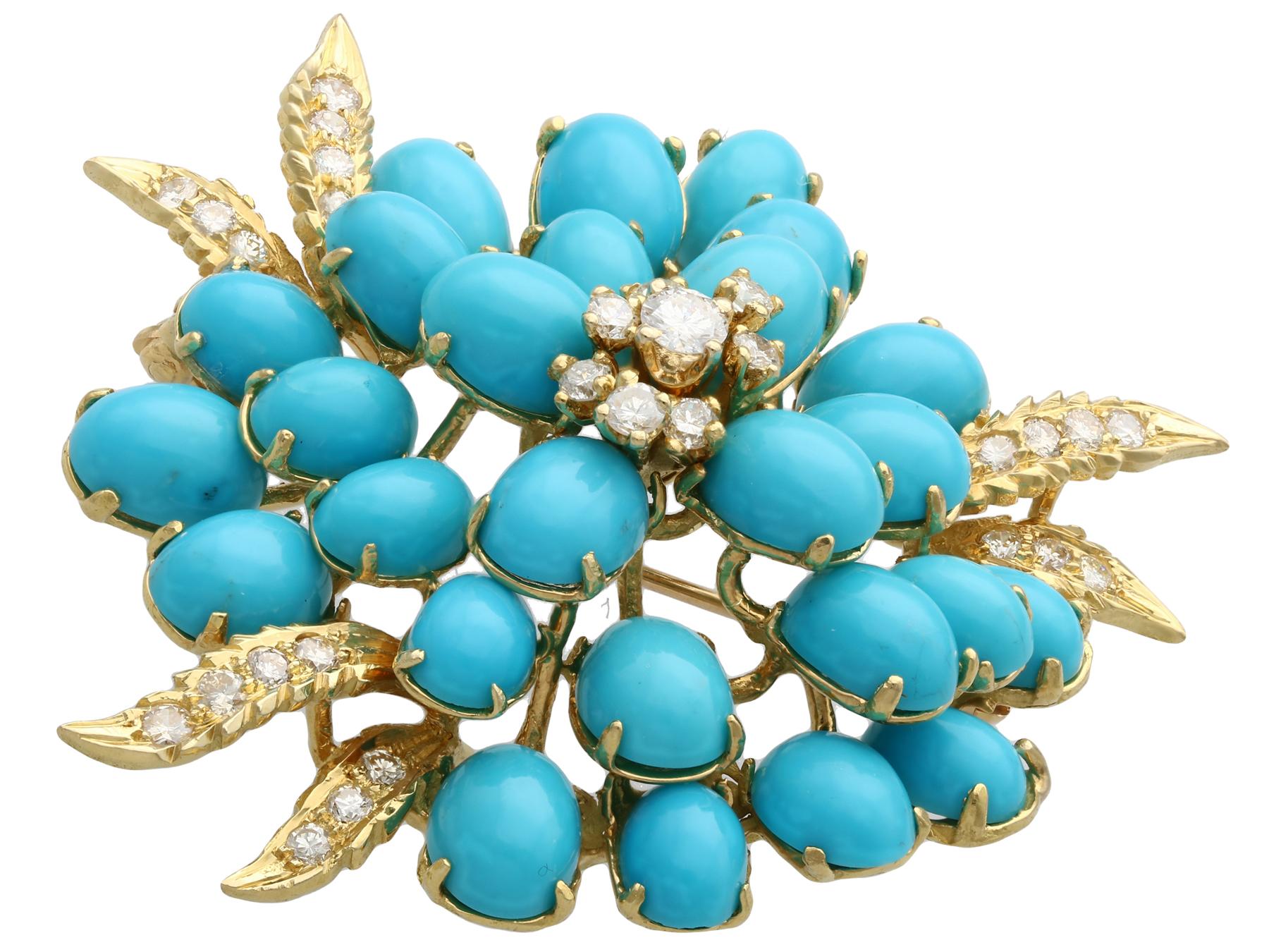 A stunning, fine and impressive 26.22 carat turquoise and 1.15 carat diamond, 18 karat yellow gold brooch; part of our diverse gemstone jewellery and estate jewelry collections.

This fine and impressive Turquoise vintage brooch has been crafted in