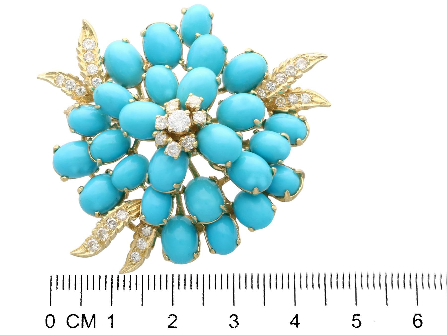 26.22 Carat Turquoise and 1.15 Carat Diamond Yellow Gold Brooch 2