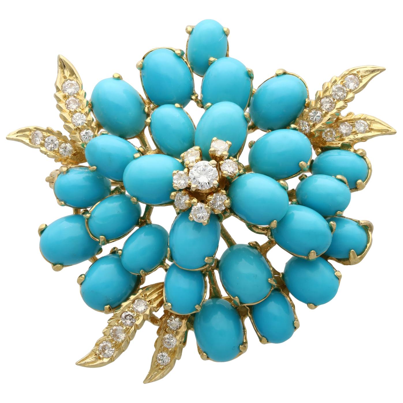 26.22 Carat Turquoise and 1.15 Carat Diamond Yellow Gold Brooch