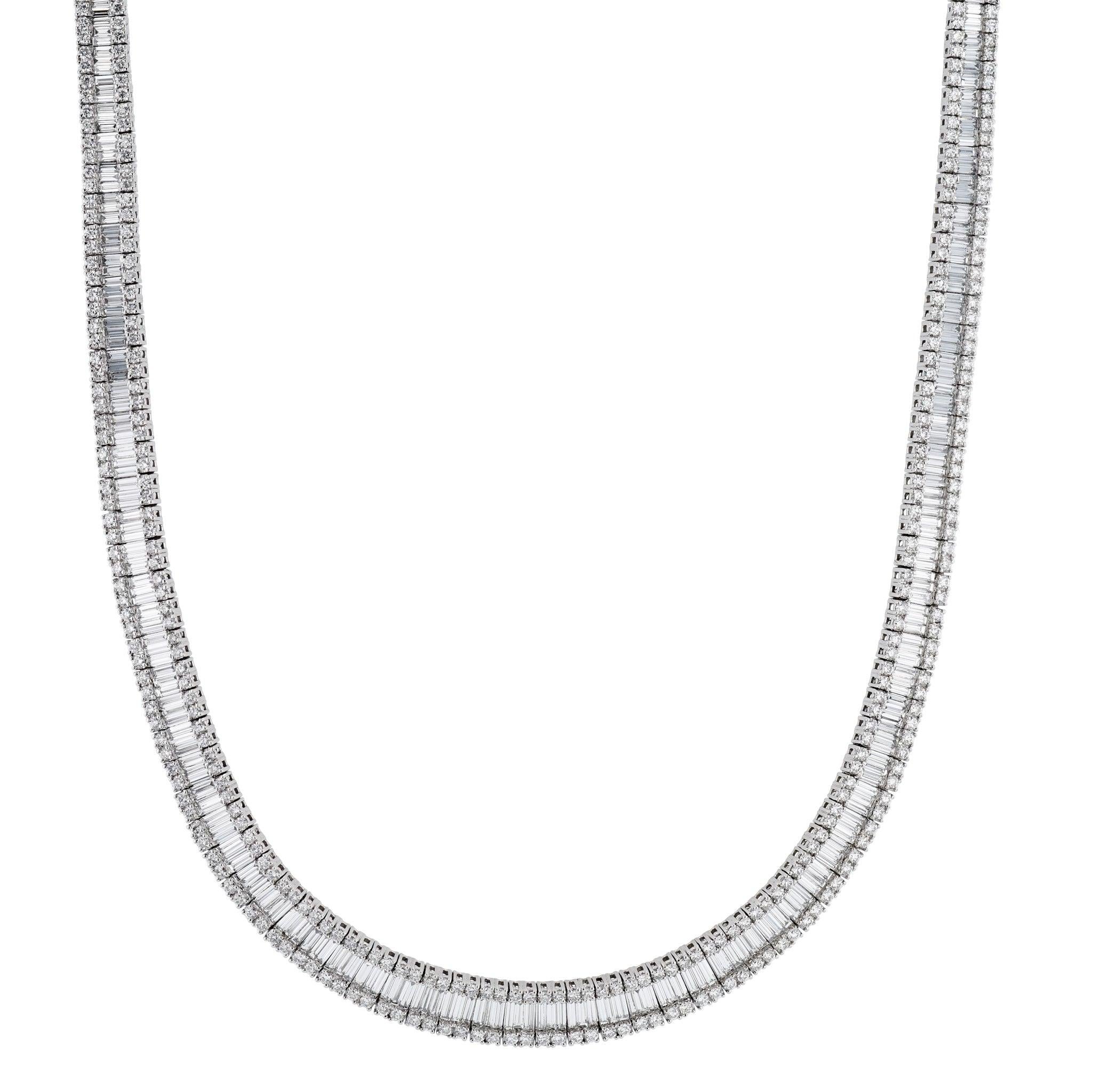 Diamond Riviera Estate Necklace - a magnificent masterpiece showcasing 26.24 Cts of shimmering diamonds and platinum! 420 Round Brilliant Cut diamonds and 210 dazzling Baguette Cut diamonds are expertly arranged in 105 diamond stations throughout