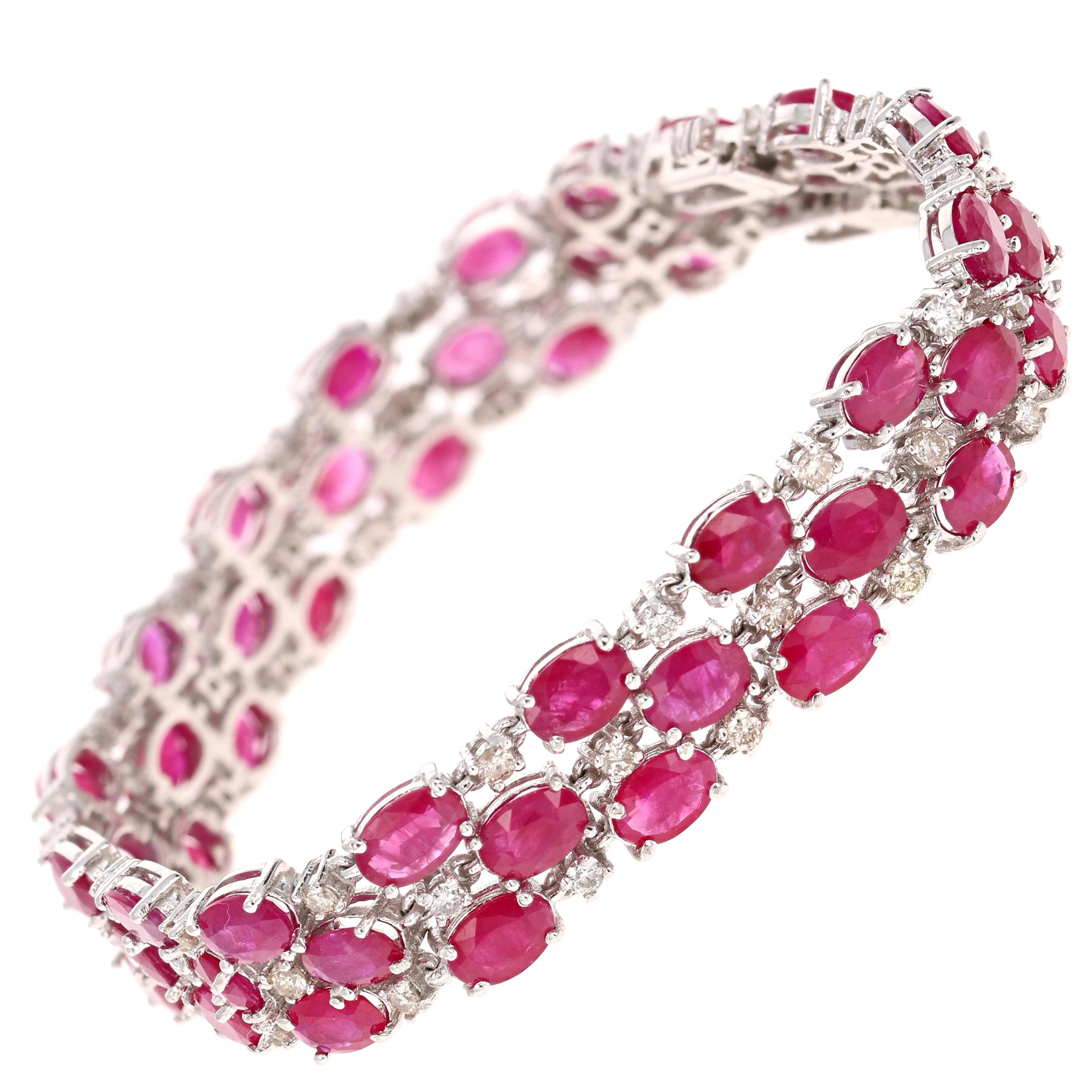 26.25 Carat Natural Ruby Diamond 14 Karat White Gold Bracelet