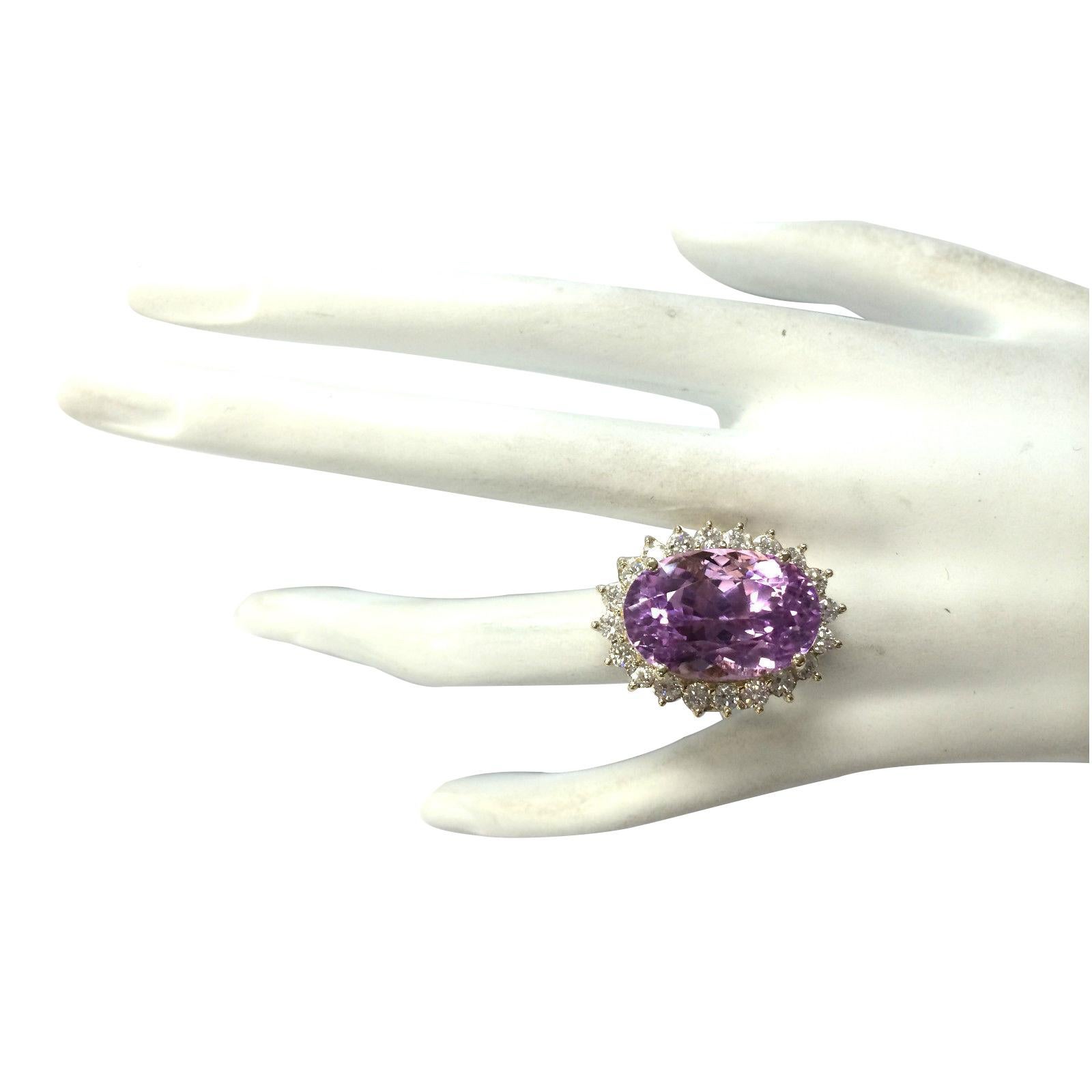 Oval Cut Natural Kunzite Diamond Ring In 14 Karat Yellow Gold  For Sale