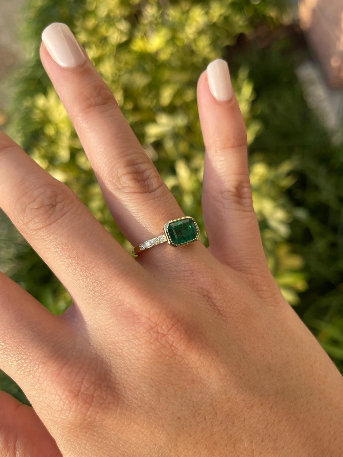 Women's 2.62tcw 14K Natural Emerald Cut Emerald Bezel Set & Diamond Pave Shank Gold Ring For Sale