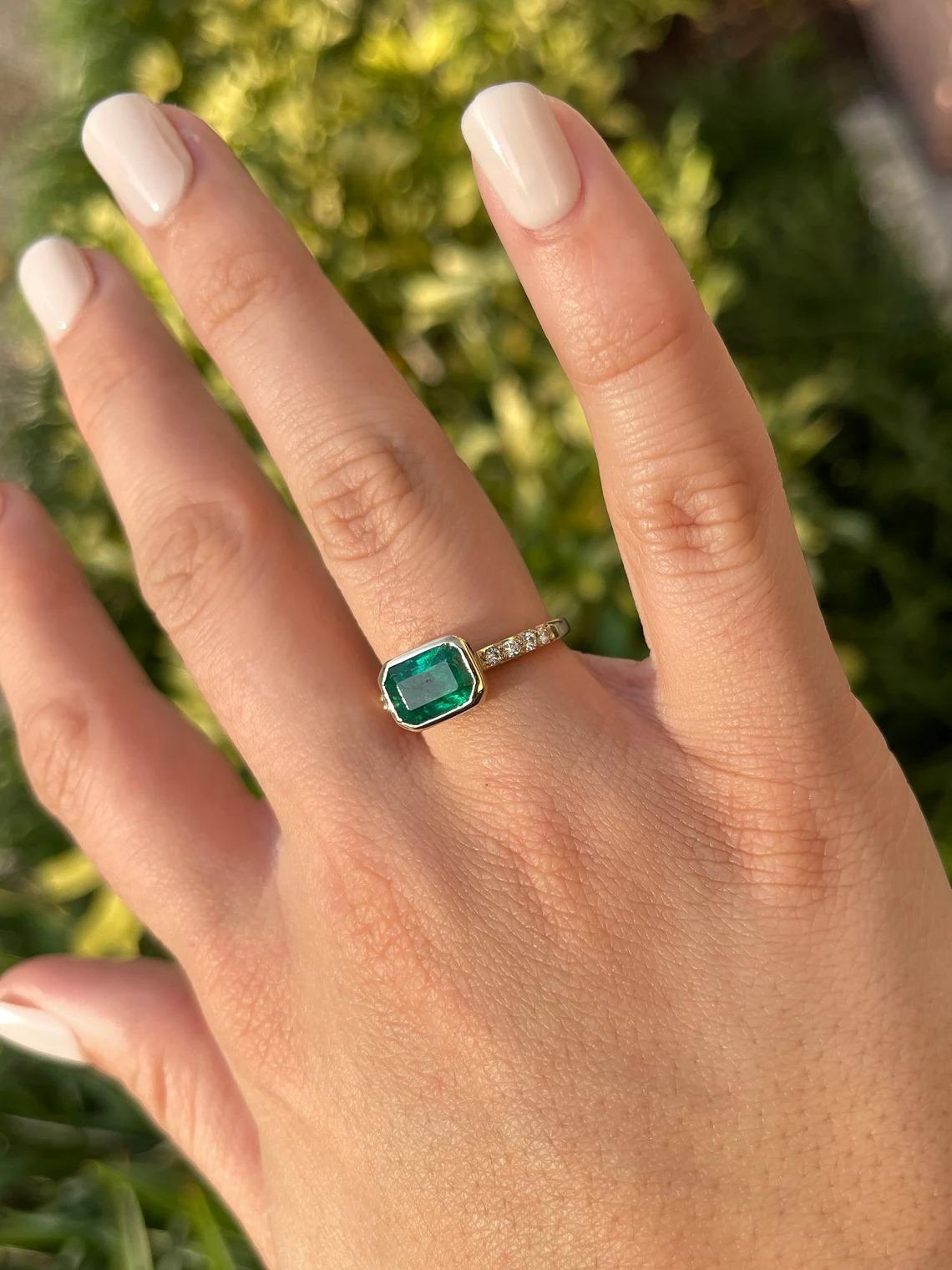 2.62tcw 14K Natural Emerald Cut Emerald Bezel Set & Diamond Pave Shank Gold Ring For Sale 1