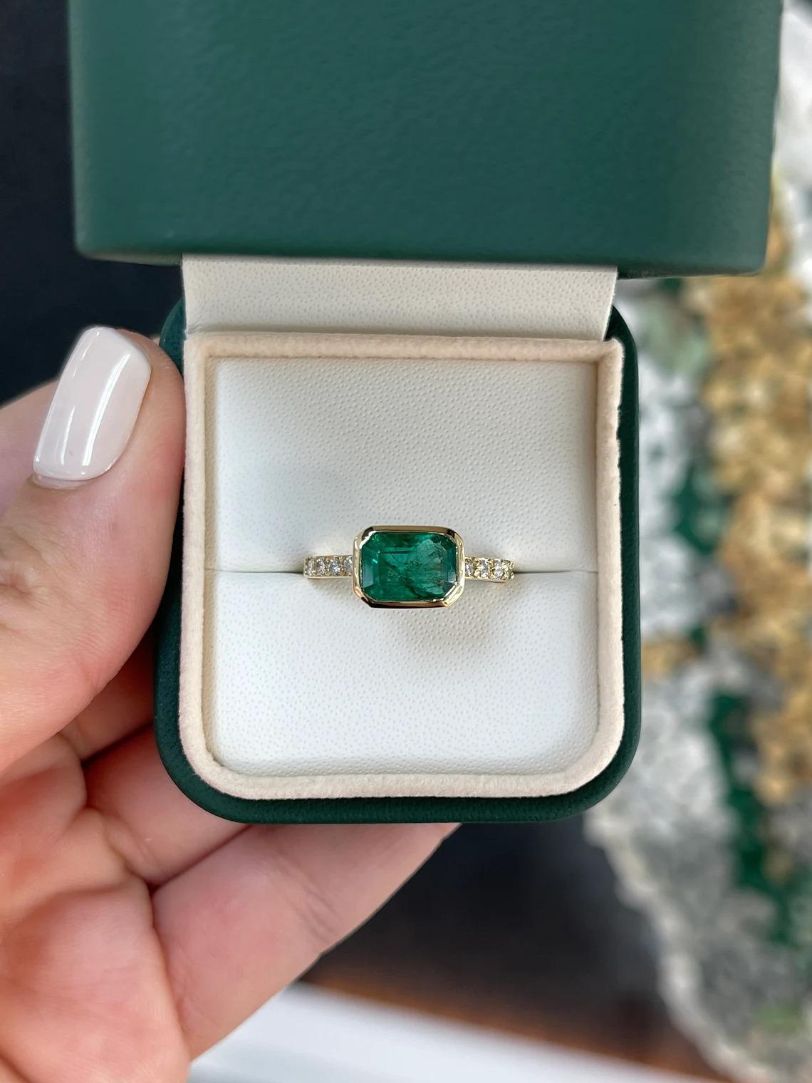 2.62tcw 14K Natural Emerald Cut Emerald Bezel Set & Diamond Pave Shank Gold Ring For Sale 3