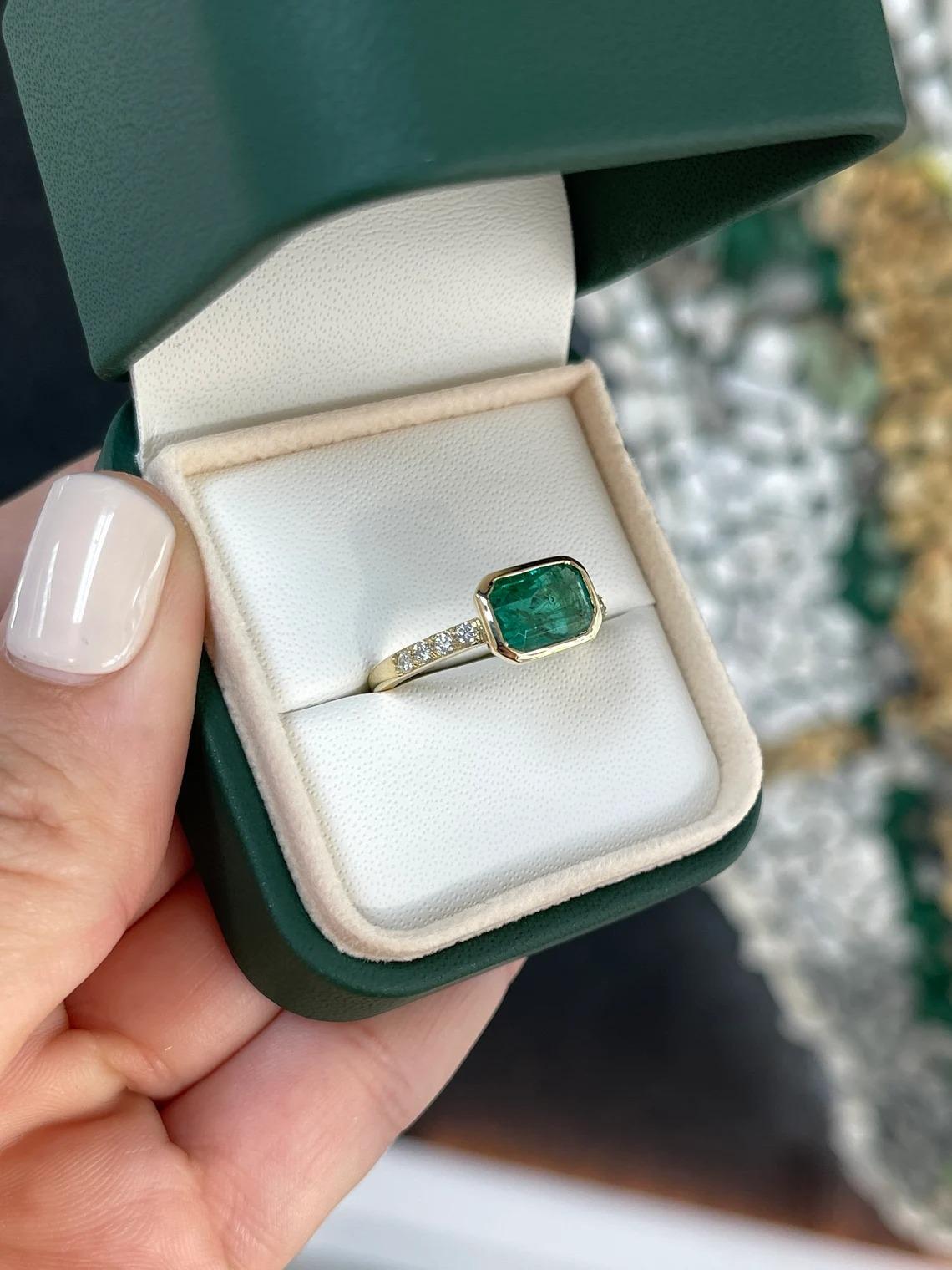 2.62tcw 14K Natural Emerald Cut Emerald Bezel Set & Diamond Pave Shank Gold Ring For Sale 4