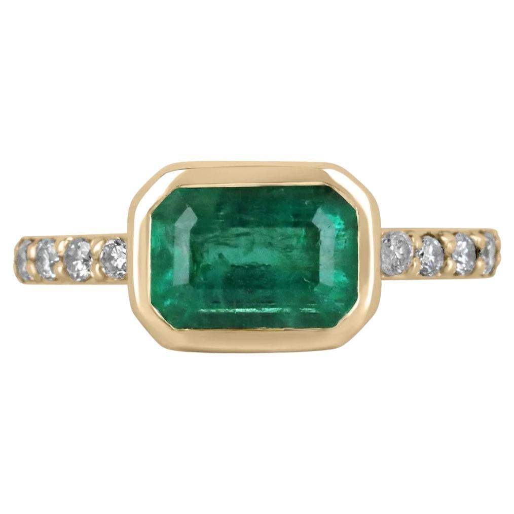 2.62tcw 14K Natural Emerald Cut Emerald Bezel Set & Diamond Pave Shank Gold Ring For Sale
