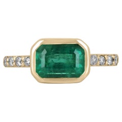 2.62tcw 14K Emerald Cut Natural Emerald Bezel Set & Diamond Pave Shank Gold Ring