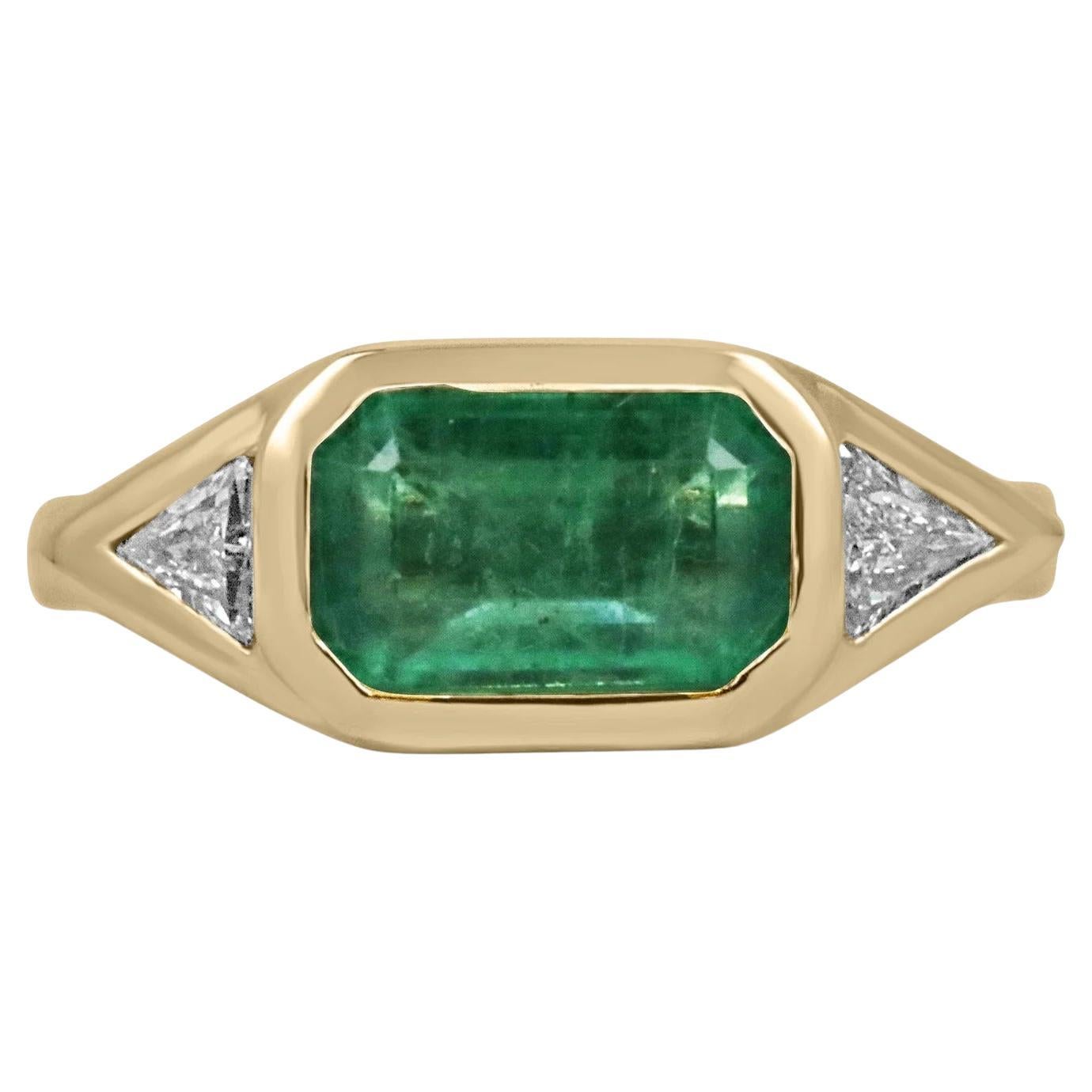 2.62tcw Three Stone Emerald & Trillion Cut Diamond East to West Ring 14K For Sale