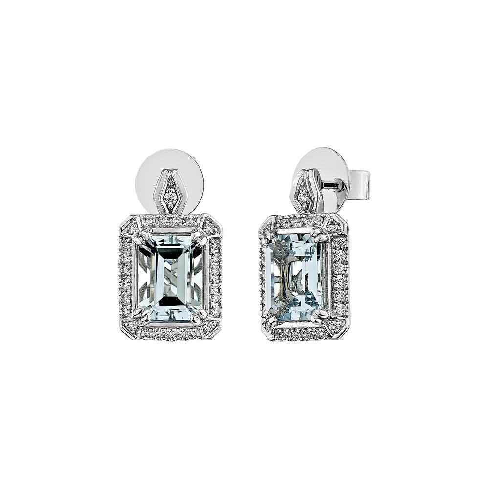 Octagon Cut 2.63 Carat Aquamarine Stud Earring in 18Karat White Gold with White Diamond. For Sale