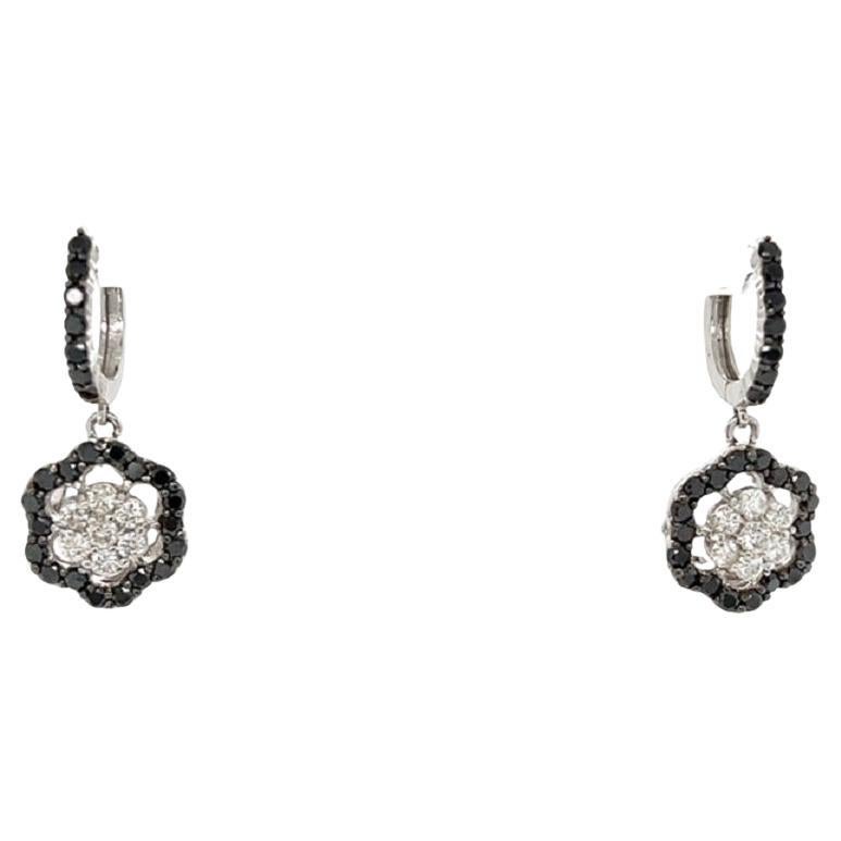 2.63 Carat Black Diamond White Diamond 14 Karat White Gold Dangle Earrings For Sale