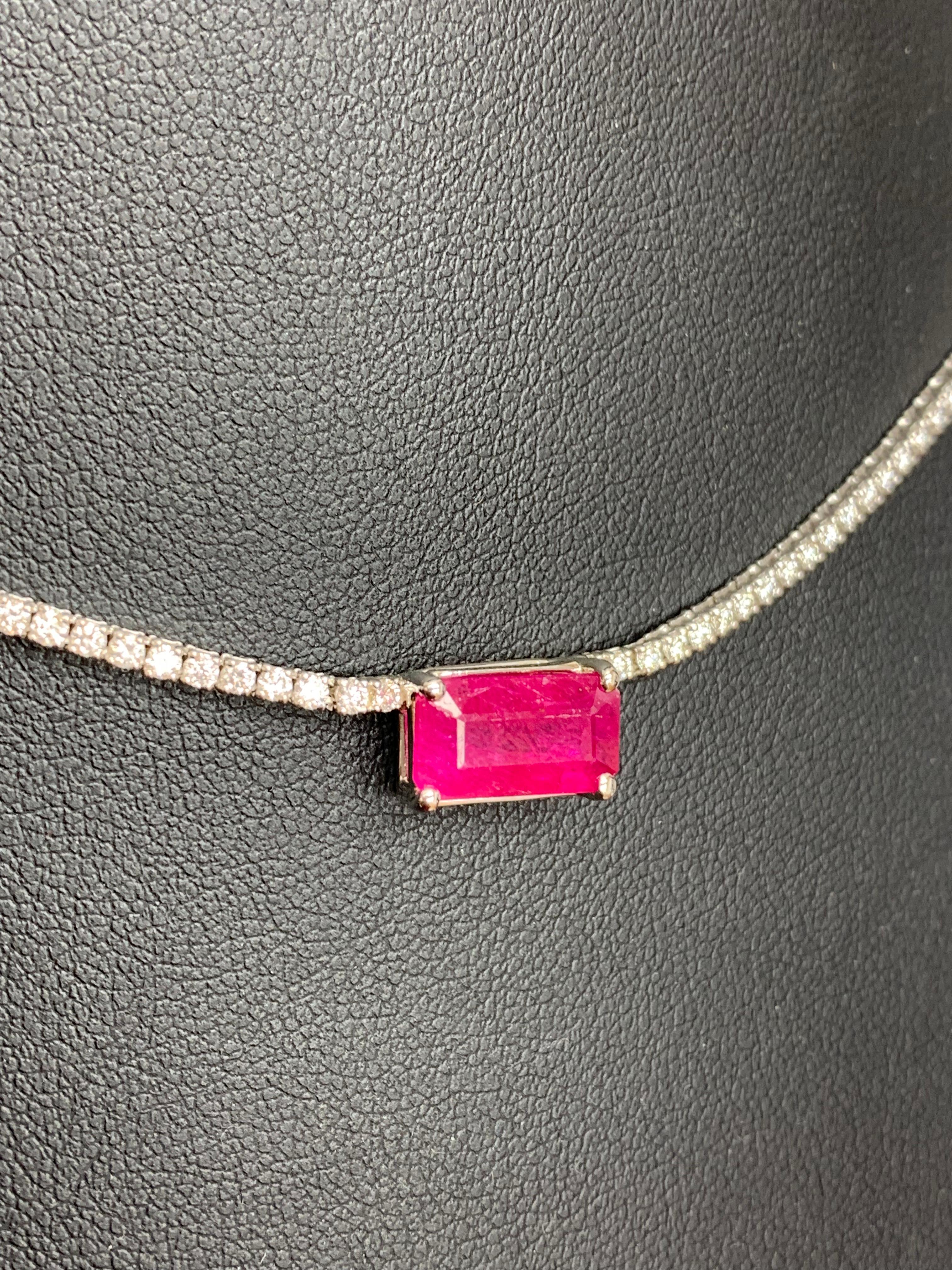 Modern 2.63 Carat Emerald Cut Ruby and Diamond Tennis Necklace in 14K White Gold For Sale