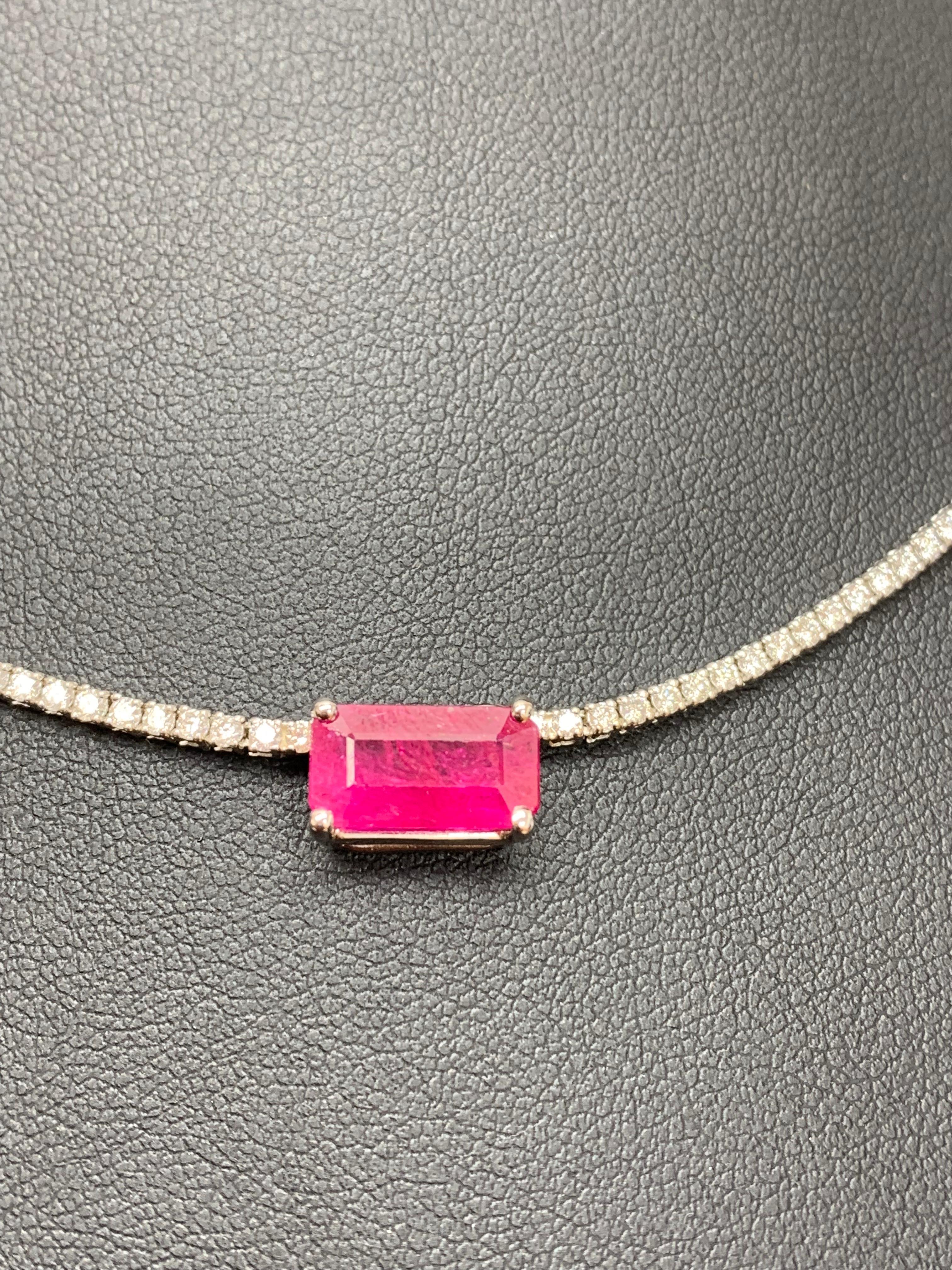 2.63 Carat Emerald Cut Ruby and Diamond Tennis Necklace in 14K White Gold In New Condition For Sale In NEW YORK, NY
