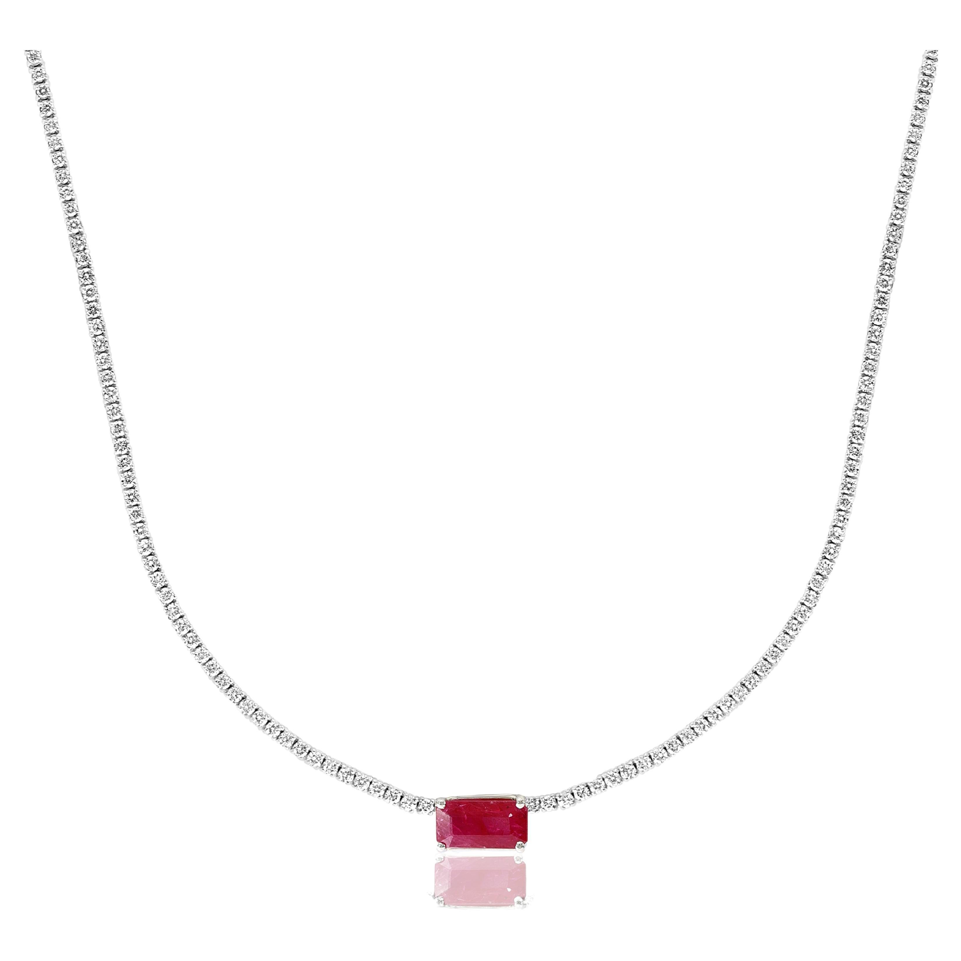 2.63 Carat Emerald Cut Ruby and Diamond Tennis Necklace in 14K White Gold For Sale