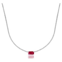 2.63 Carat Emerald Cut Ruby and Diamond Tennis Necklace in 14K White Gold