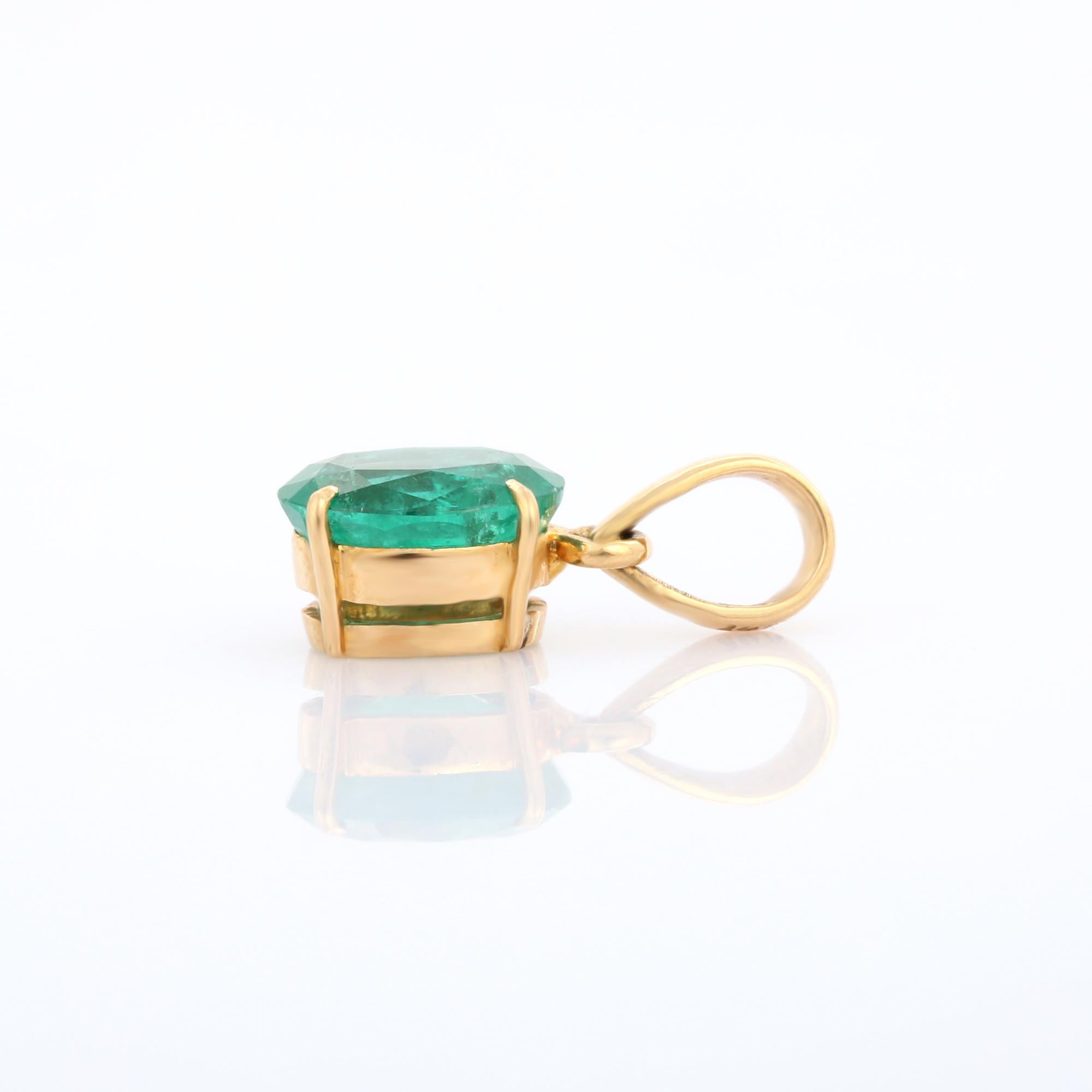Natural Emerald pendant in 18K Gold. It has a oval cut emerald studded with diamonds that completes your look with a decent touch. Pendants are used to wear or gifted to represent love and promises. It's an attractive jewelry piece that goes with