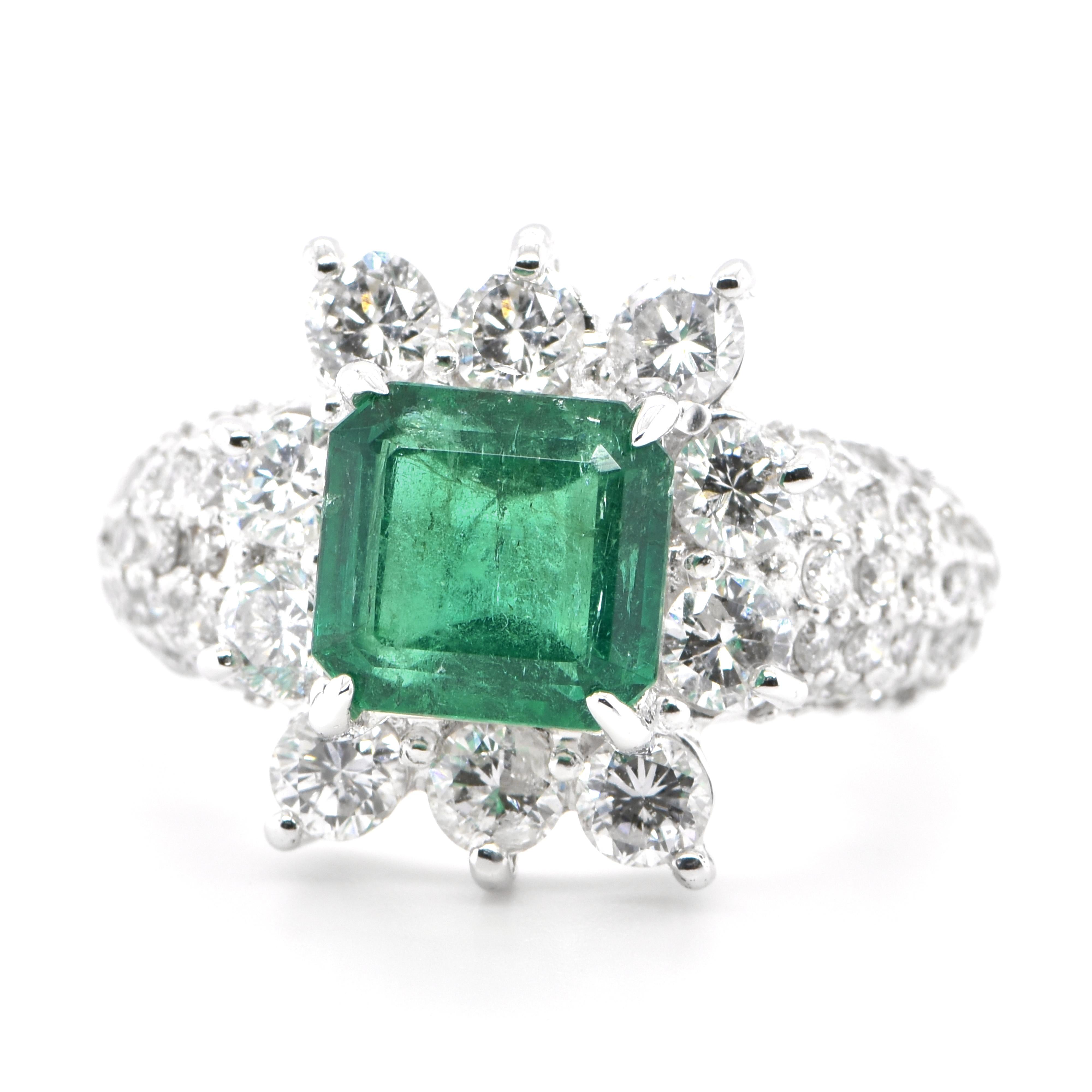 A stunning ring featuring a 2.63 Carat Natural Emerald and 2.07 Carats of Diamond Accents set in Platinum. People have admired emerald’s green for thousands of years. Emeralds have always been associated with the lushest landscapes and the richest