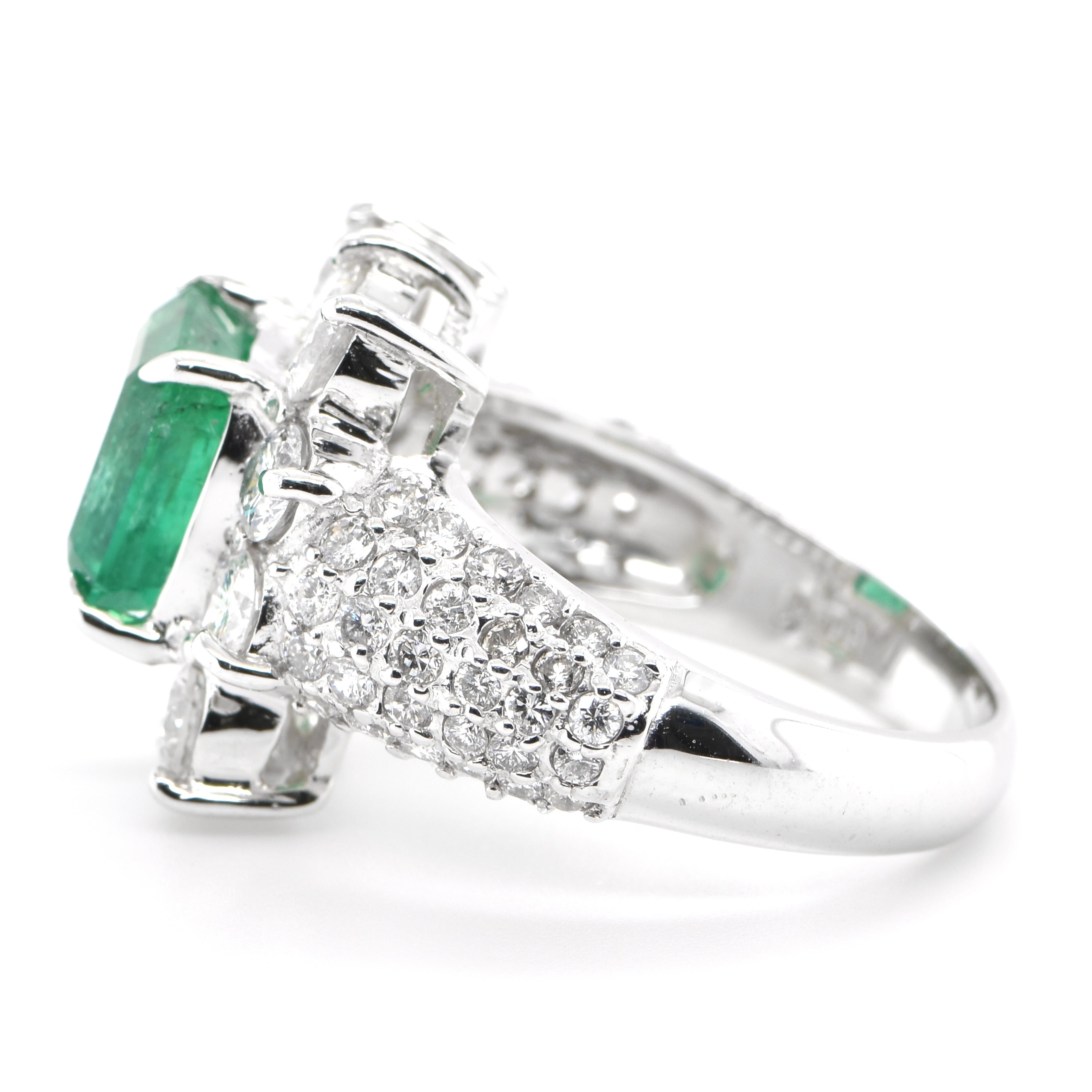 Emerald Cut 2.63 Carat Natural Emerald and Diamond Cocktail Ring Set in Platinum For Sale