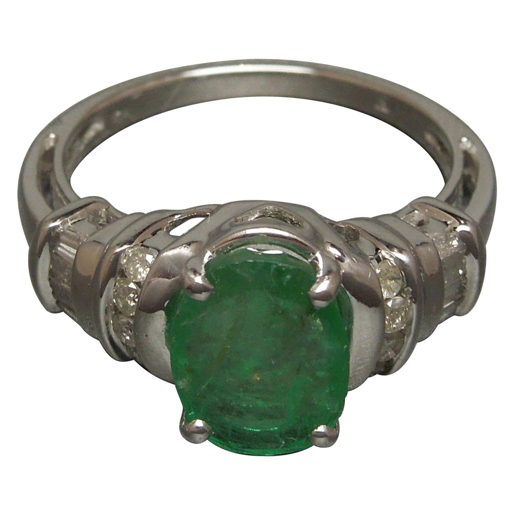 2.63 Carat Oval Emerald and Diamond 10 Karat White Gold Ring