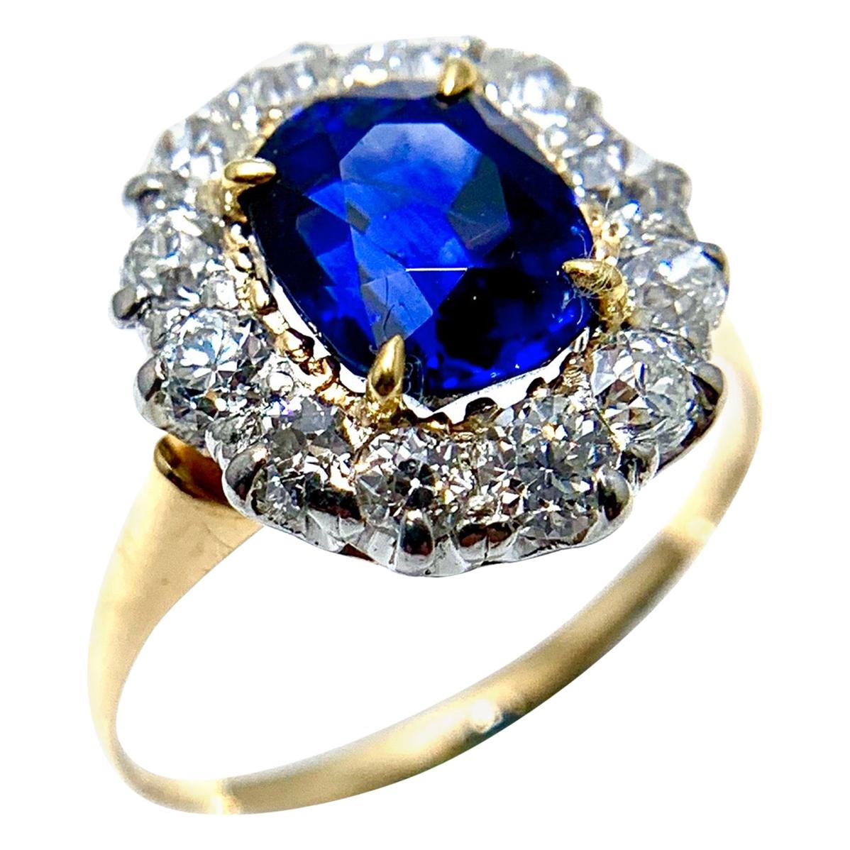 2.63 Carat Oval No Heat Natural Sapphire and Diamond Platinum and Yellow Gold