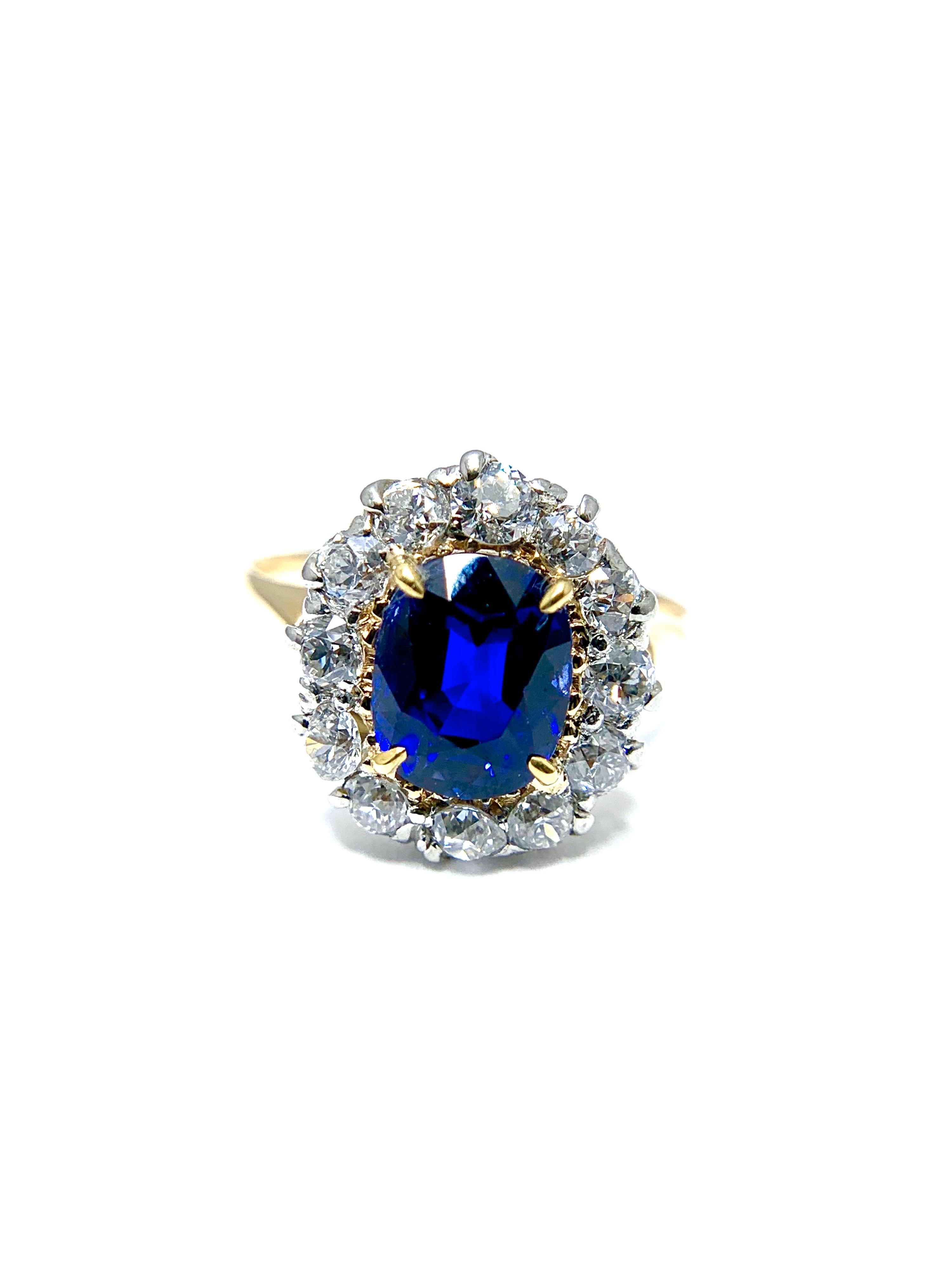 A stunning Egyptian blue oval Sapphire and Diamond ring!  The Sapphire is a natural no enhancement 2.63 carat beauty, surrounded by a single row of round brilliant Diamonds totaling 1.00 carat.  The Diamonds are set in platinum, with the sapphire