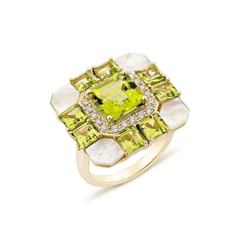 Contemporary 2.63 Carat Peridot Fancy Ring in 18KYG with Multi Gemstone & Diamond.   For Sale