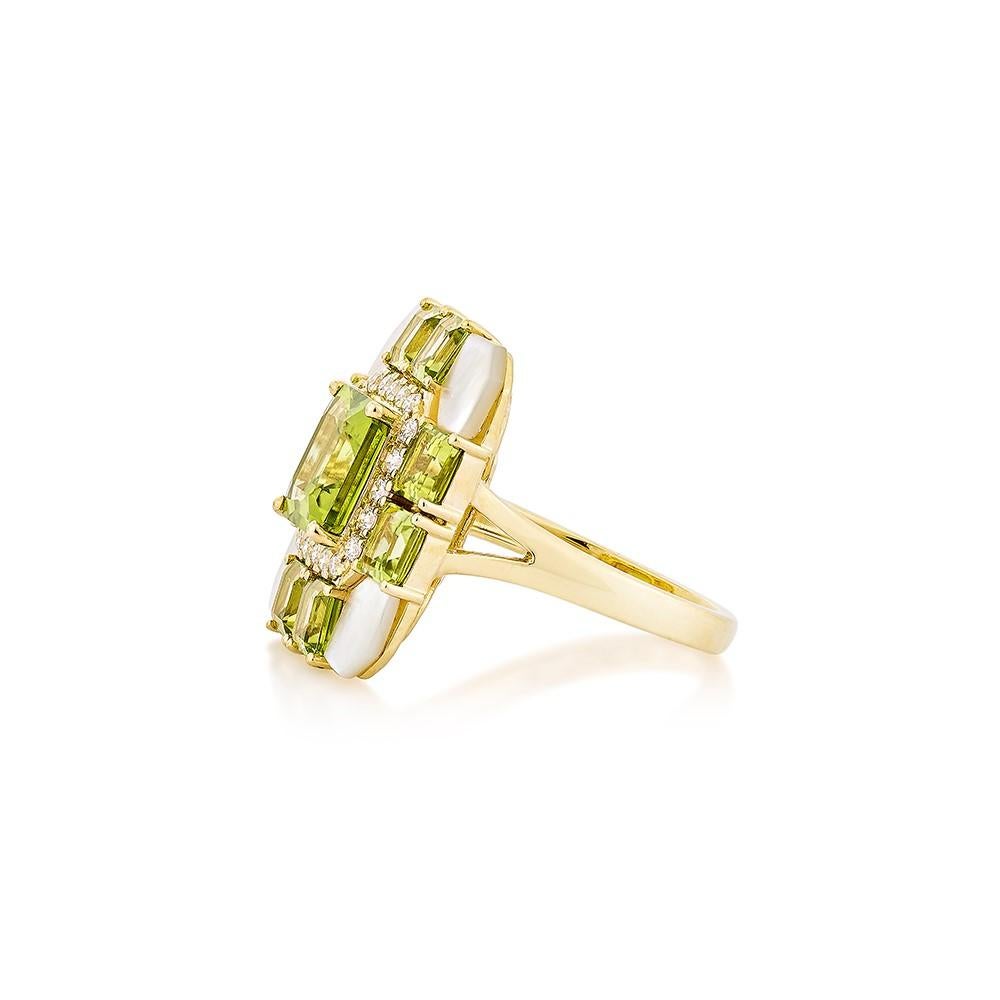 Octagon Cut 2.63 Carat Peridot Fancy Ring in 18KYG with Multi Gemstone & Diamond.   For Sale