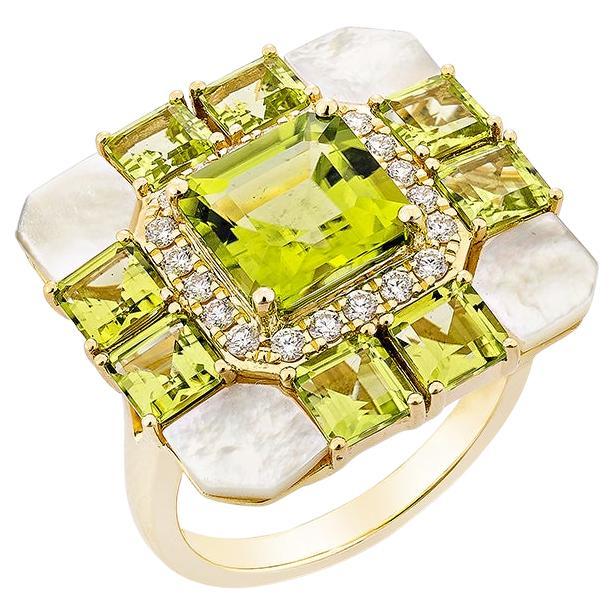 2.63 Carat Peridot Fancy Ring in 18KYG with Multi Gemstone & Diamond.   For Sale