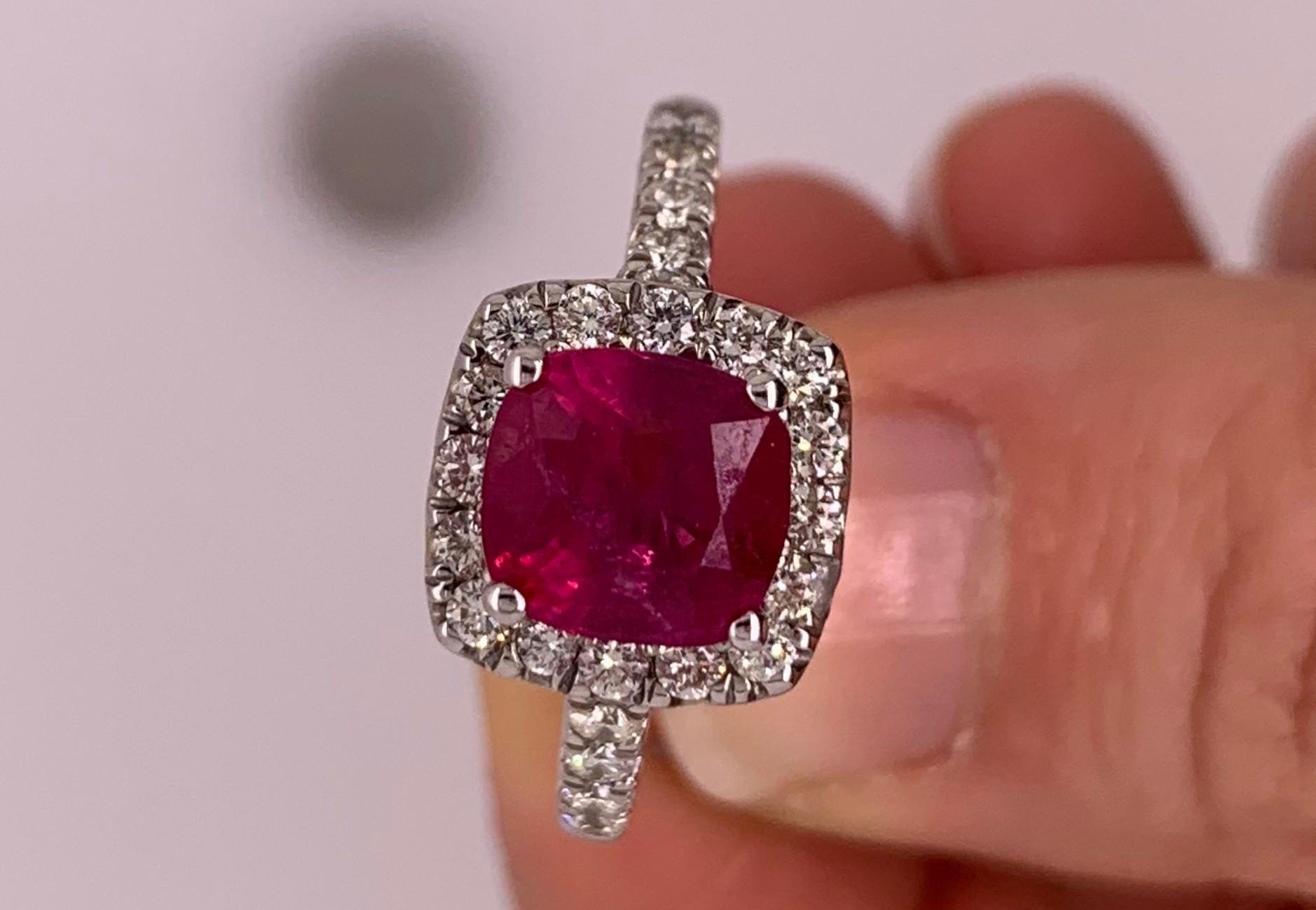 2.63 Carat Cushion Ruby and Round Diamond Halo Engagement Ring 14K White Gold 2