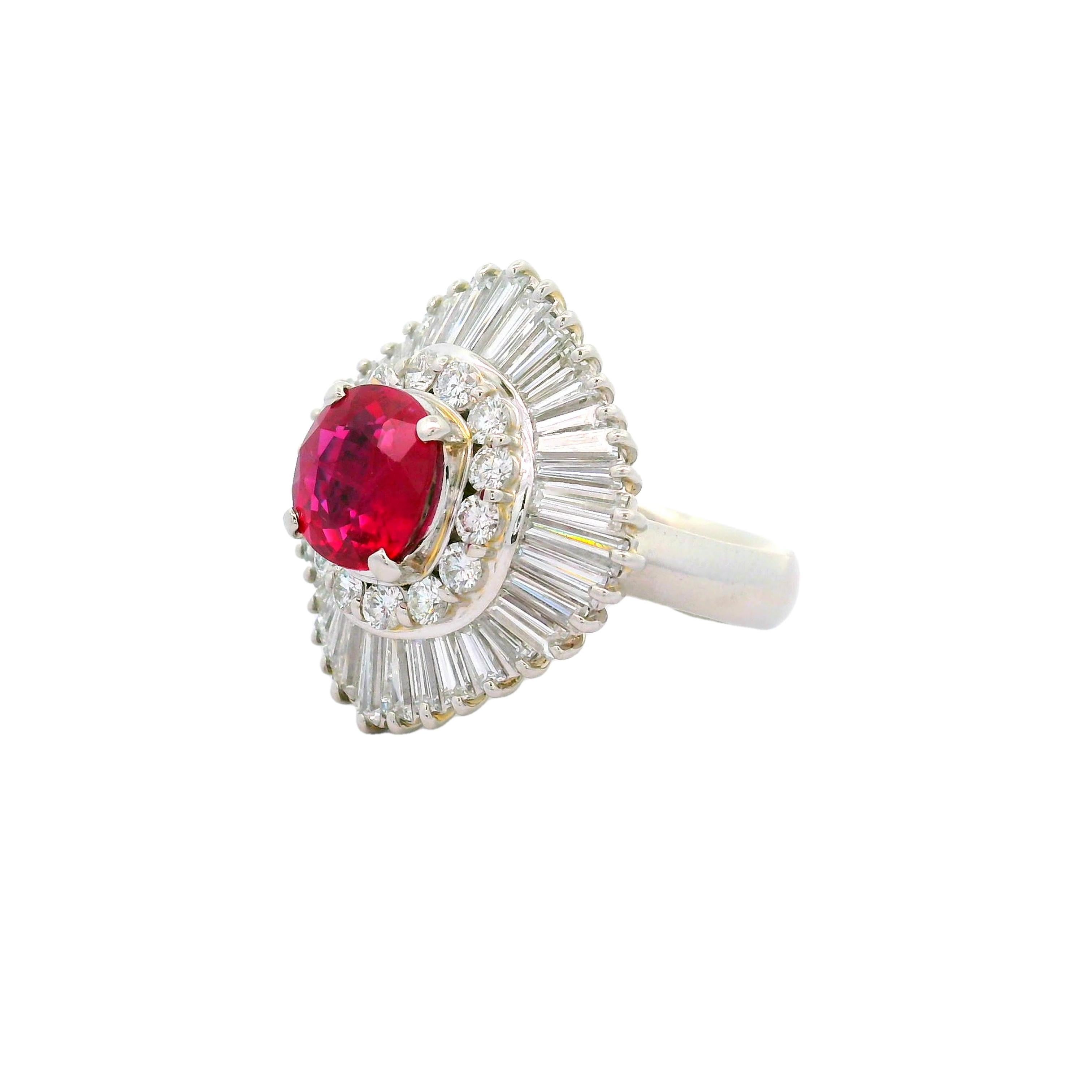 Contemporary 2.63 Carat Thai Ruby Diamond Ballerina Platinum Ring, GRS Certified For Sale