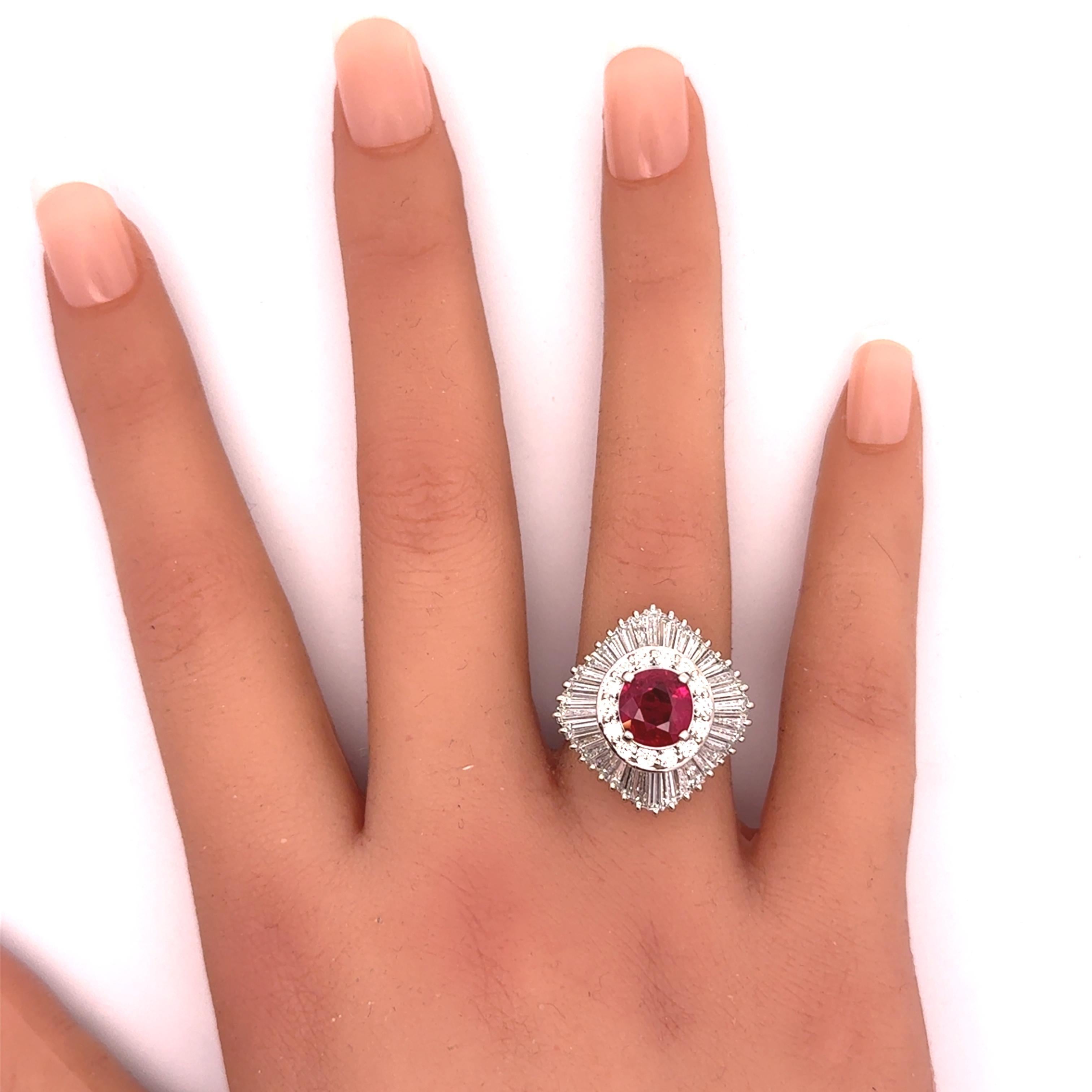 Cushion Cut 2.63 Carat Thai Ruby Diamond Ballerina Platinum Ring, GRS Certified For Sale