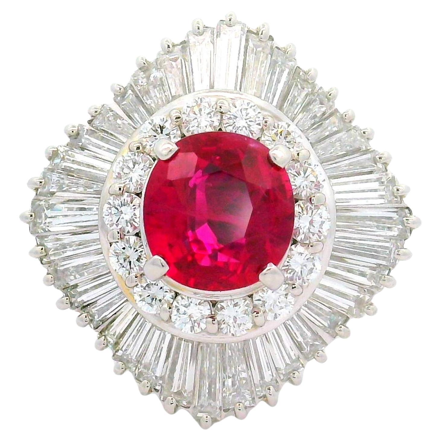2.63 Carat Thai Ruby Diamond Ballerina Platinum Ring, GRS Certified