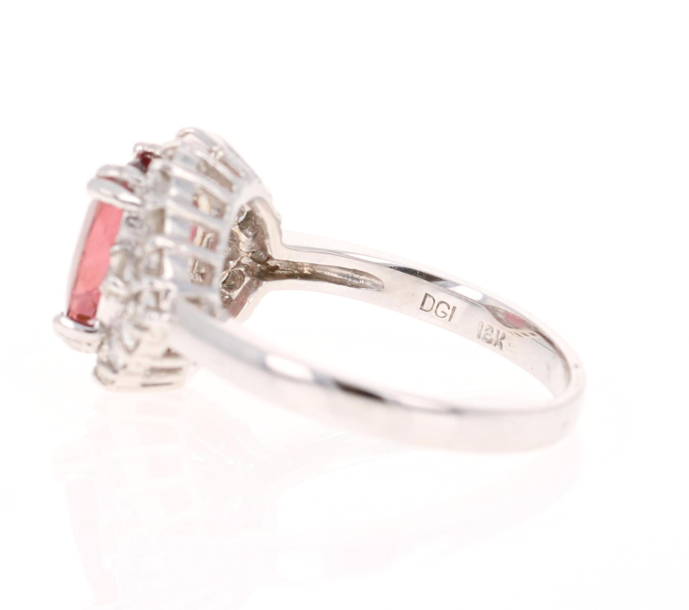 Modern 2.63 Carat Tourmaline Diamond 18 Karat White Gold Bridal Ring For Sale