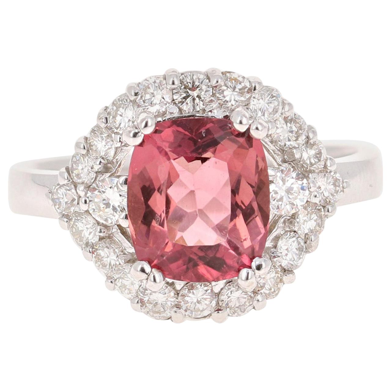 2.63 Carat Tourmaline Diamond 18 Karat White Gold Bridal Ring For Sale