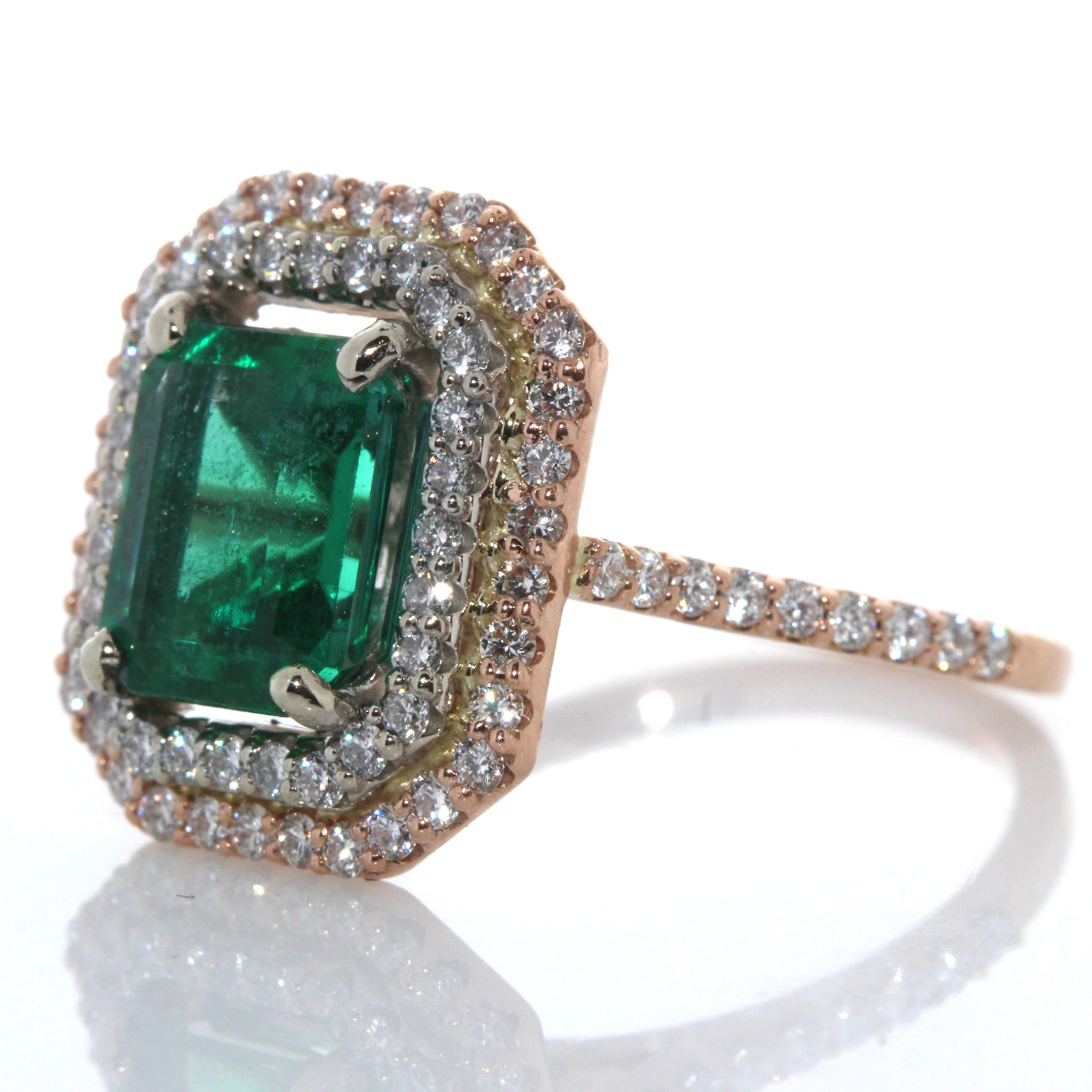 Cushion Cut 2.63 Carat Weight Emerald & Diamond Ring in 14k Rose Gold For Sale