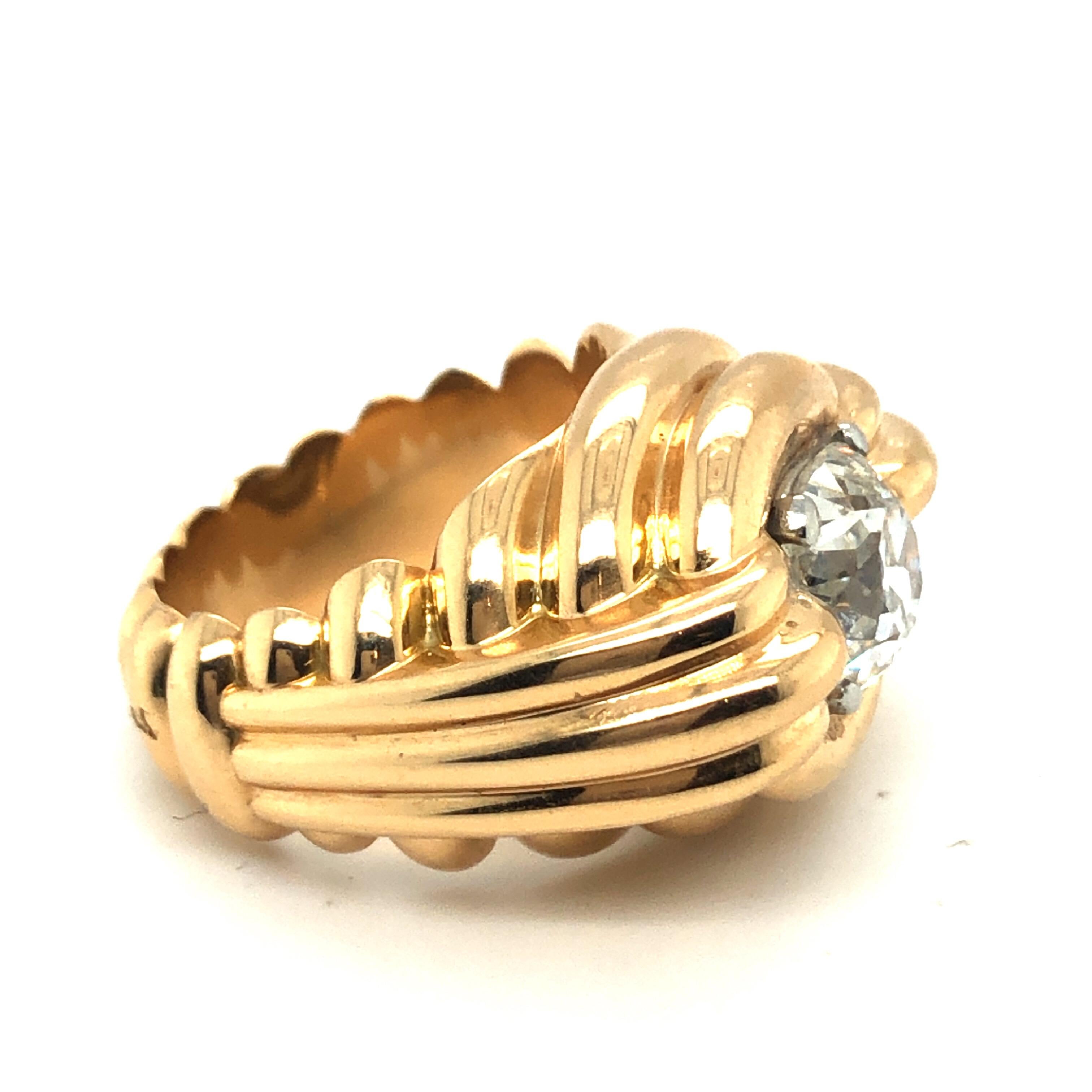 Old Mine Cut 2.63 Carats Cushion-Shape Diamond and 18 Karat Rose Gold French Ring, 1940s